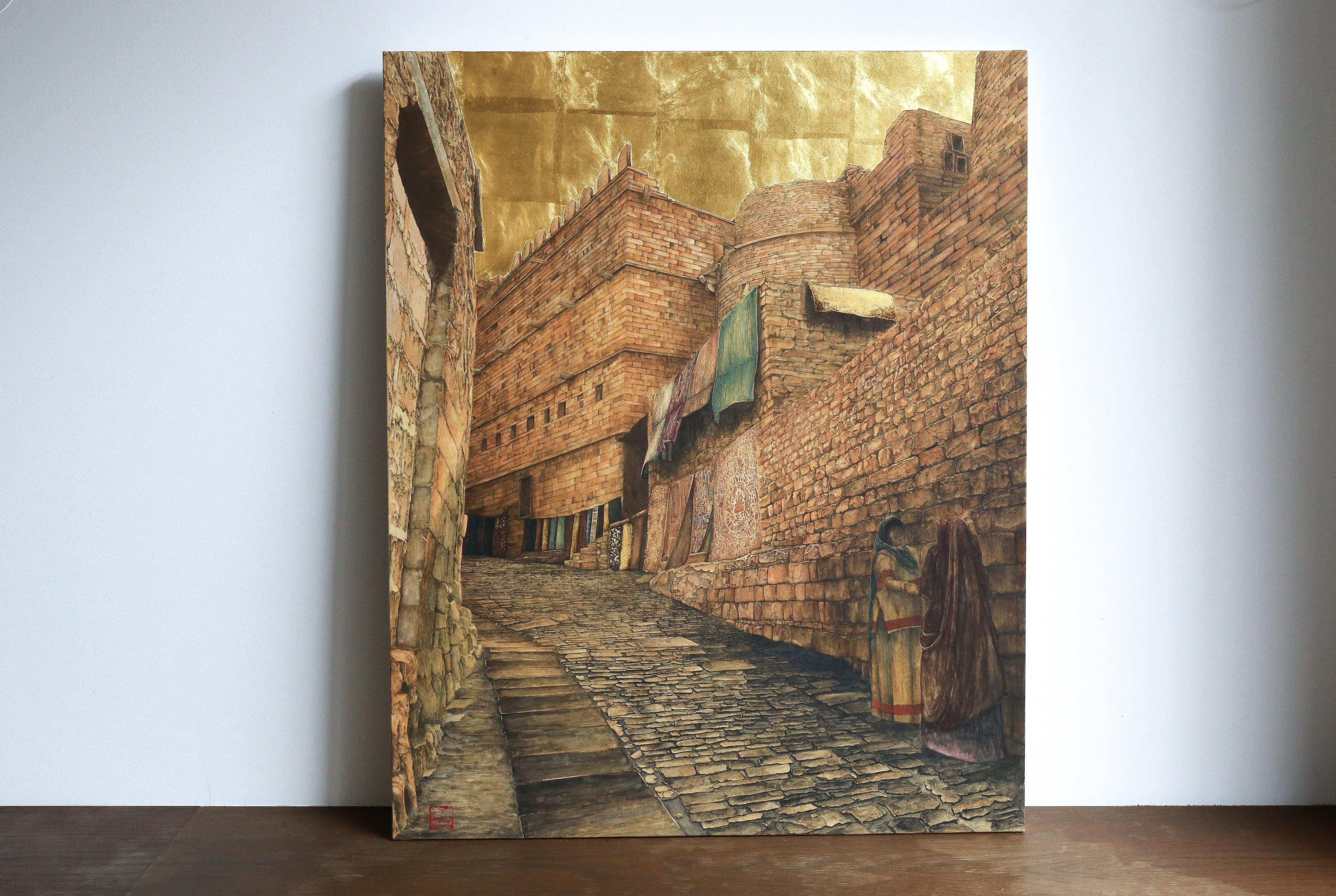 Street of Jaisalmer - Gold Leaf, Mineral and Ores Painting, Streetscape Realism - Brown Landscape Painting by Maria Mitsumori