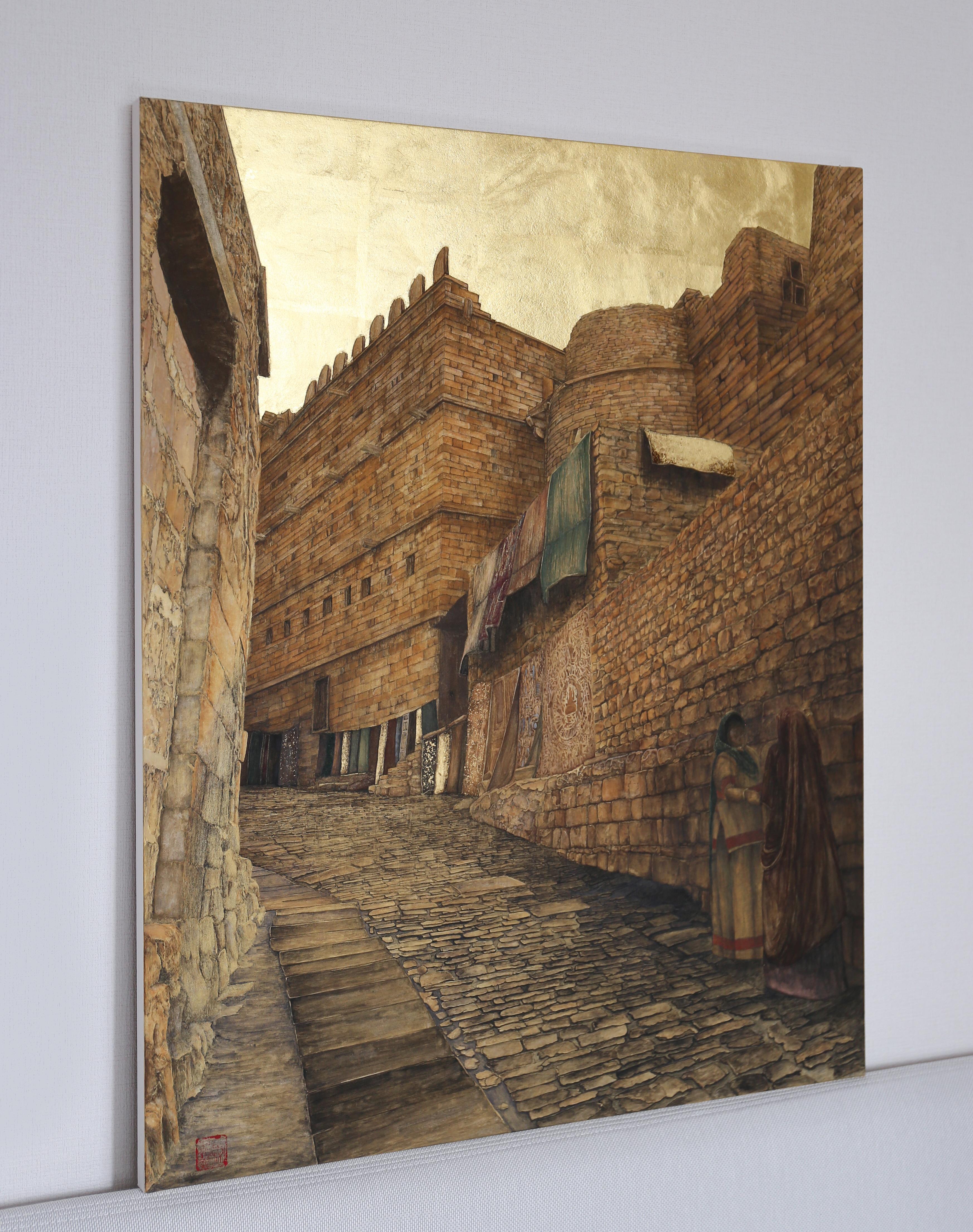 Street of Jaisalmer - Gold Leaf, Mineral and Ores Painting, Streetscape Realism For Sale 1