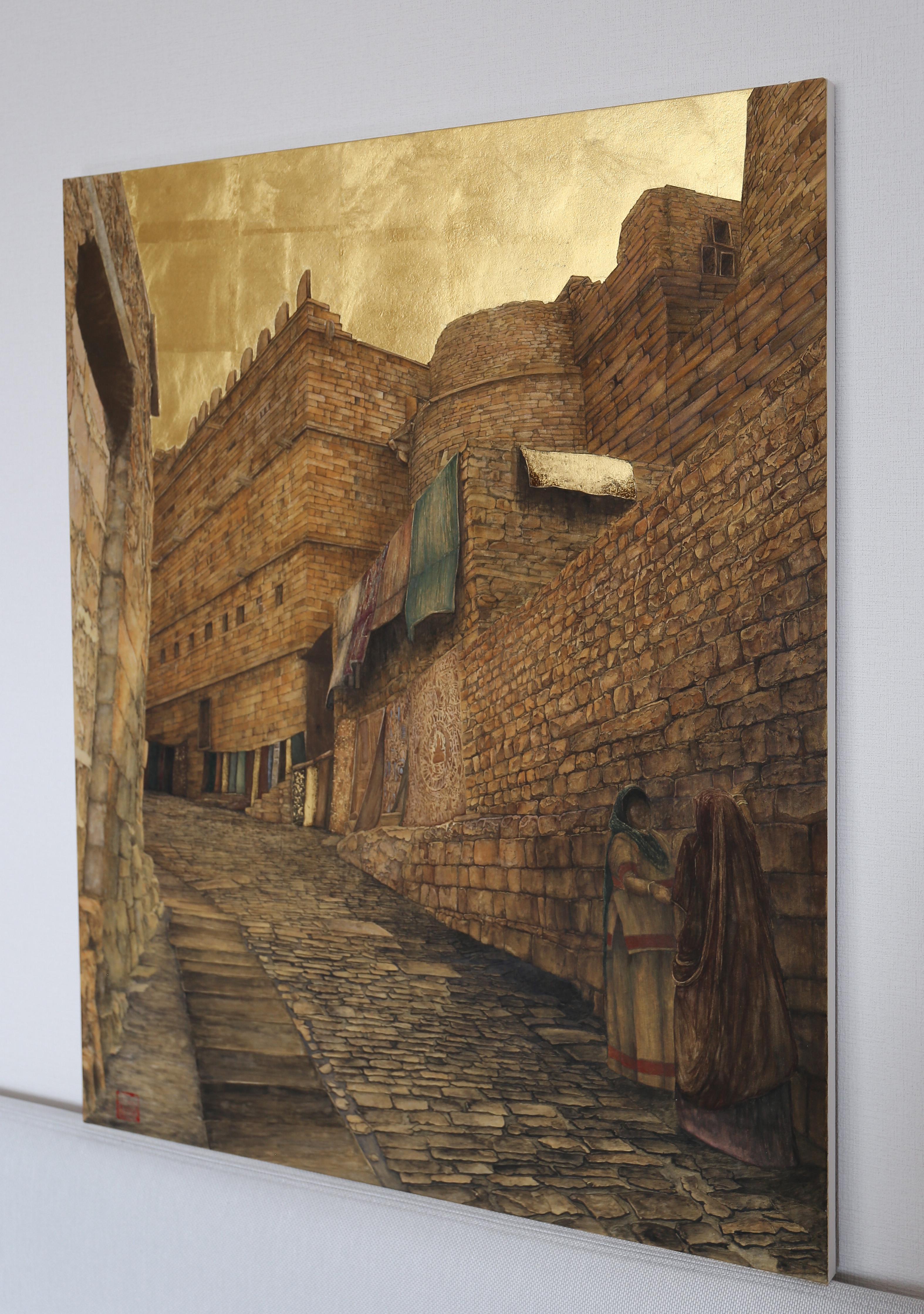 Street of Jaisalmer - Gold Leaf, Mineral and Ores Painting, Streetscape Realism For Sale 2