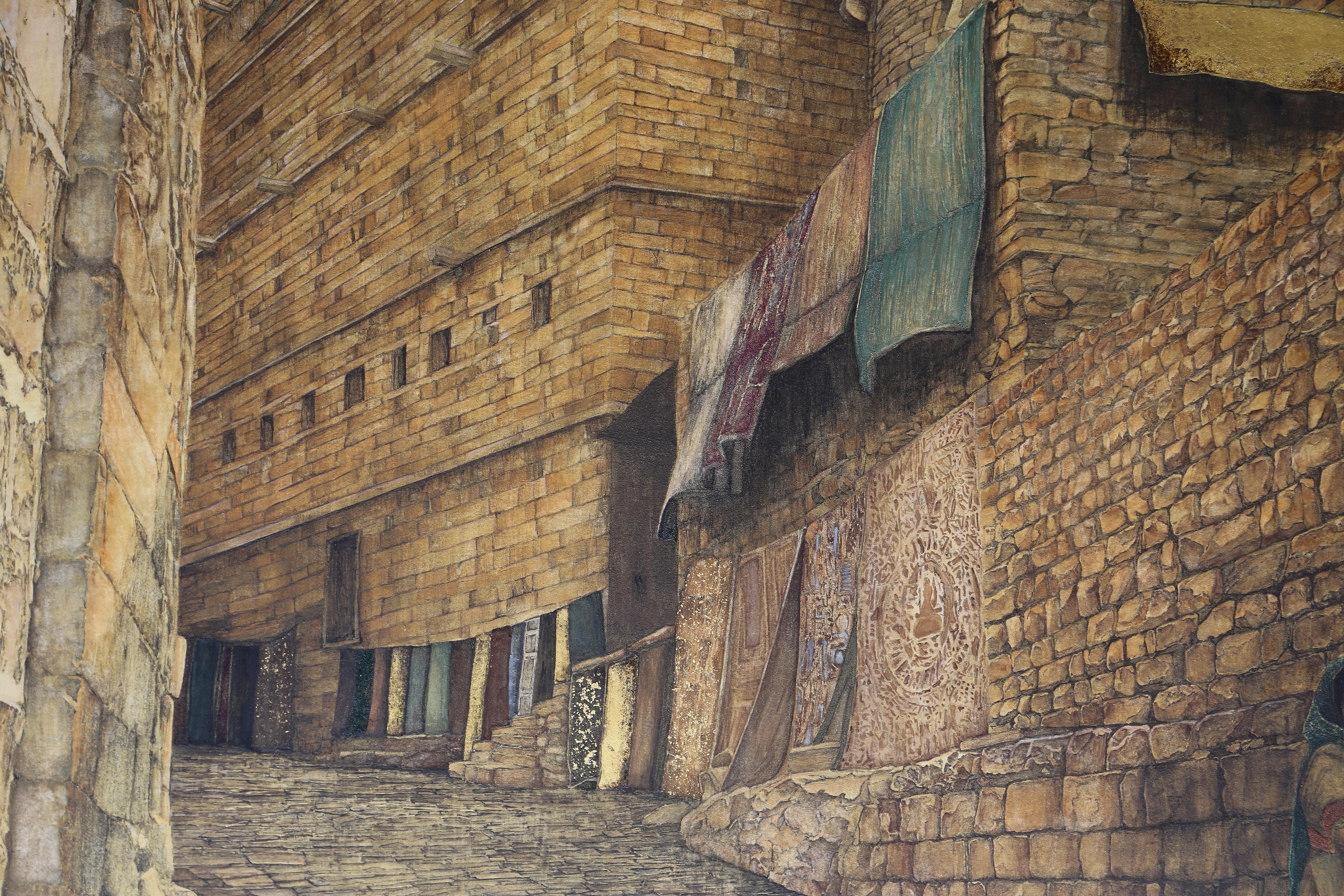 Street of Jaisalmer - Gold Leaf, Mineral and Ores Painting, Streetscape Realism For Sale 9