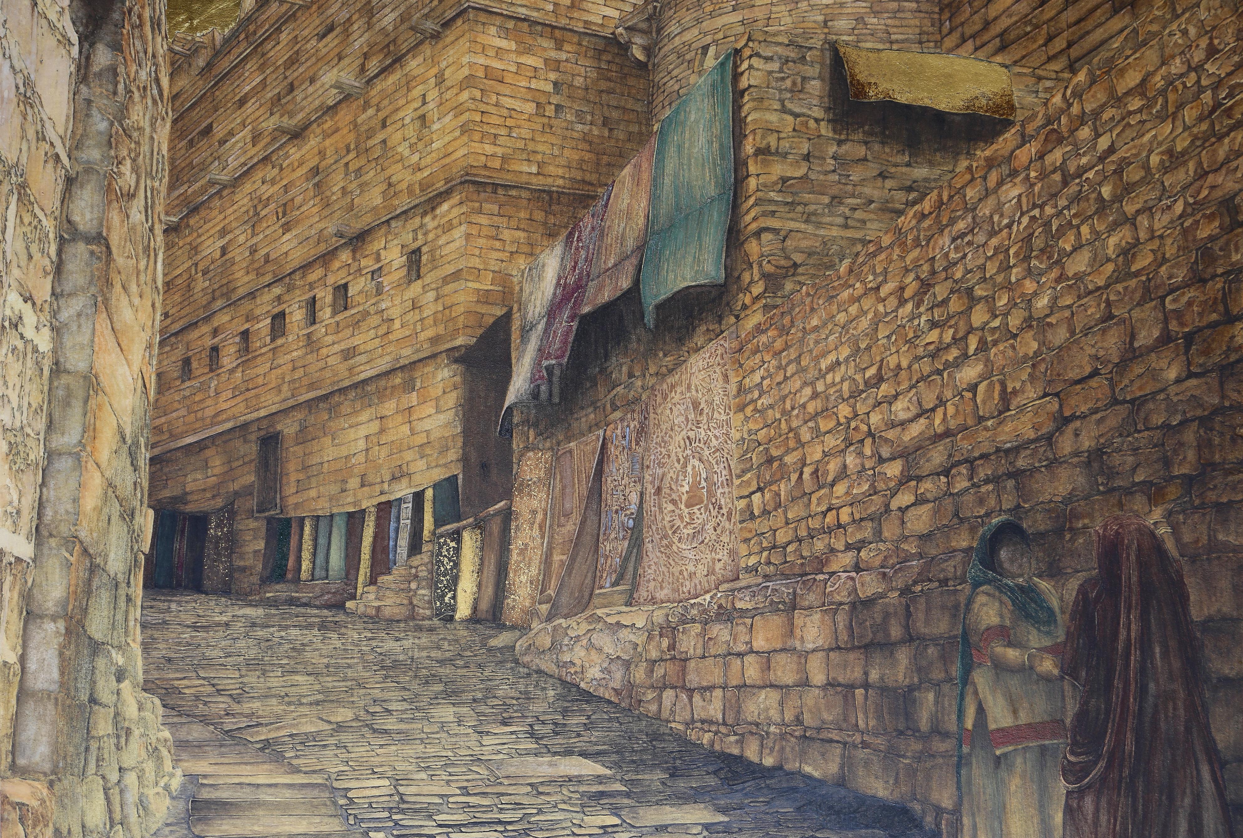 Street of Jaisalmer - Gold Leaf, Mineral and Ores Painting, Streetscape Realism For Sale 6