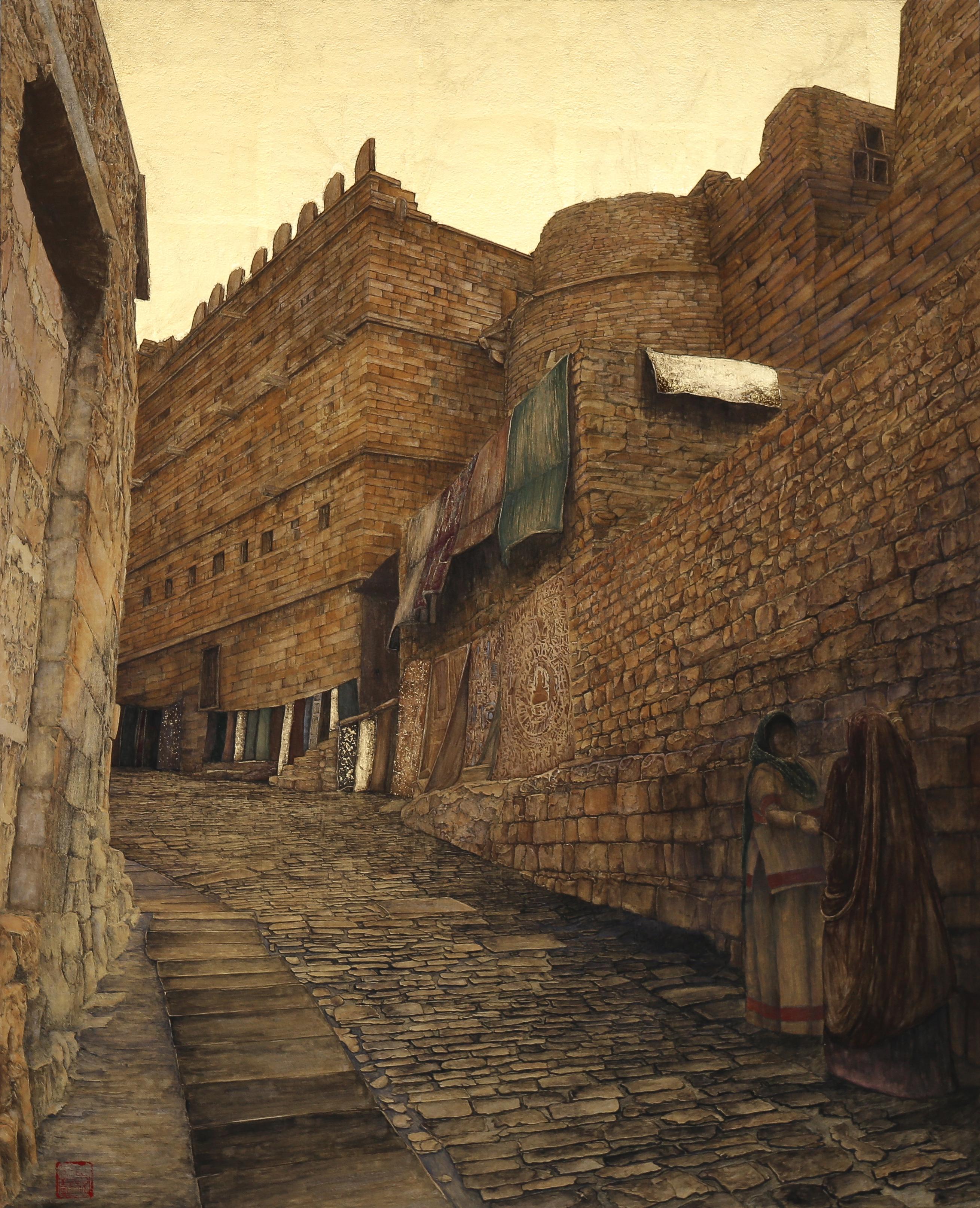 Street of Jaisalmer - Gold Leaf, Mineral and Ores Painting, Streetscape Realism