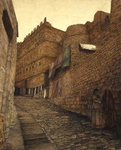 Street of Jaisalmer - Gold Leaf, Mineral and Ores Painting, Streetscape Realism