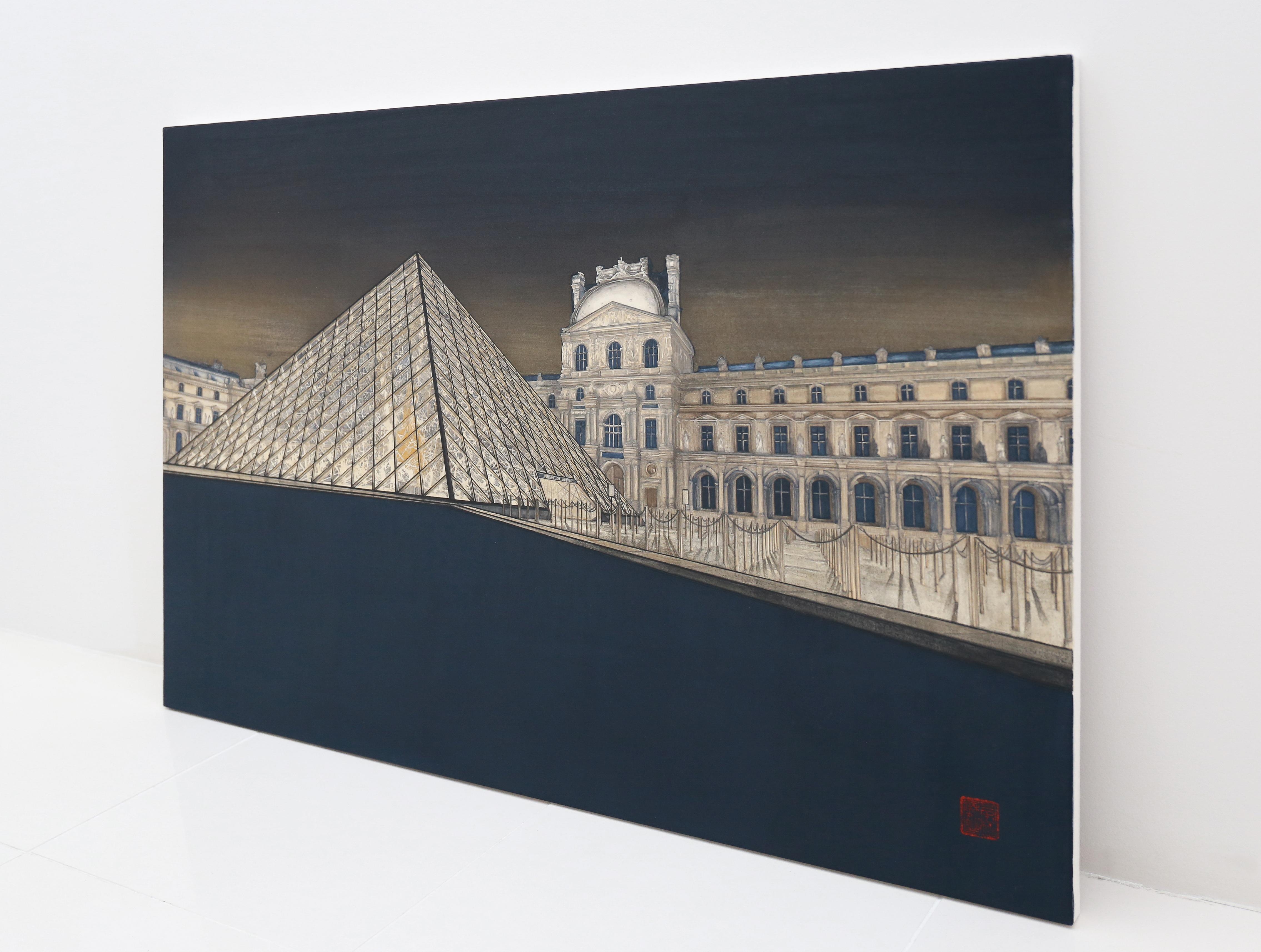 Midnight Louvre - 24k Gold and Mineral Painting, Architecture Realism, Paris For Sale 6
