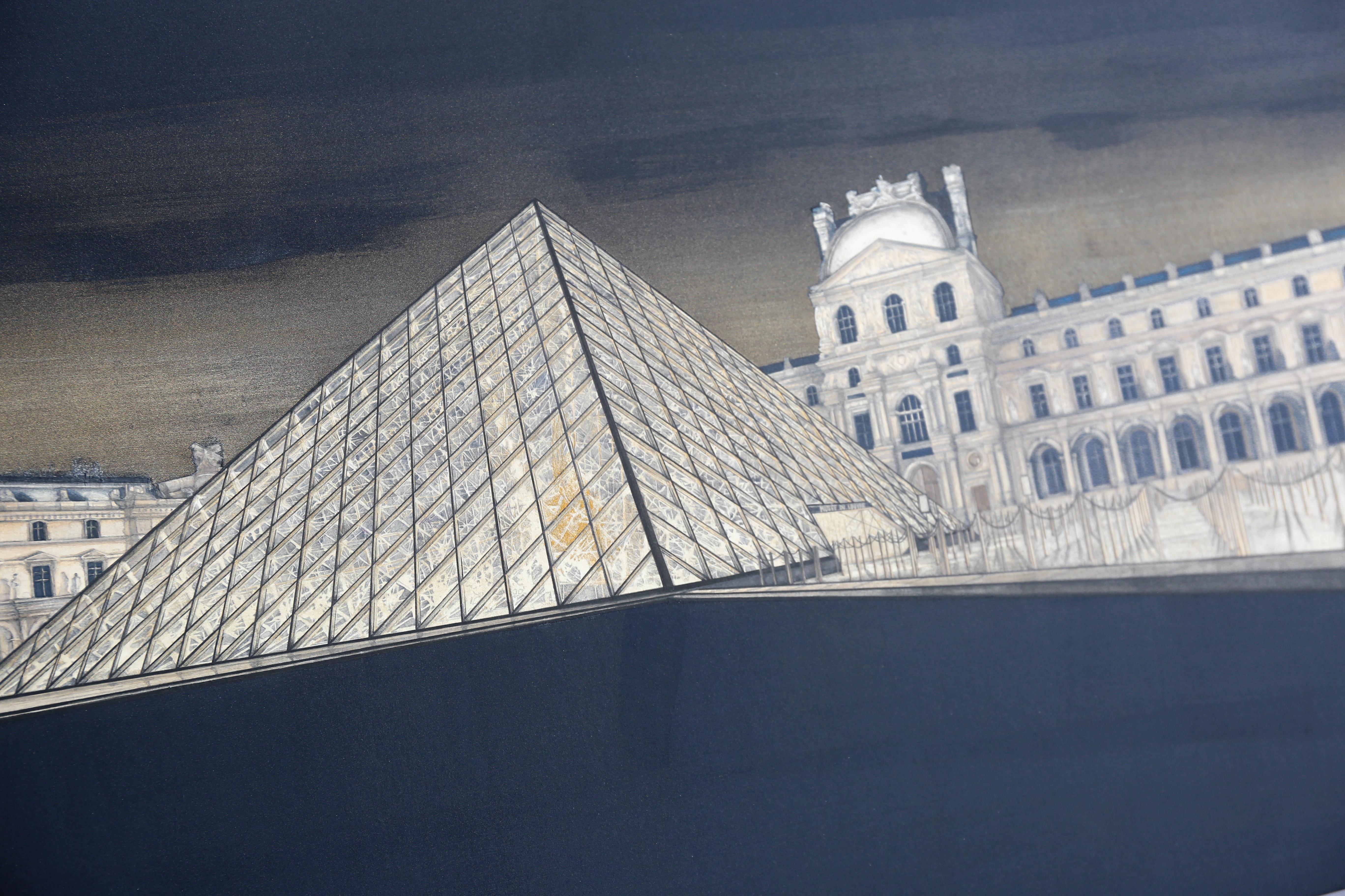Midnight Louvre - 24k Gold and Mineral Painting, Architecture Realism, Paris For Sale 8