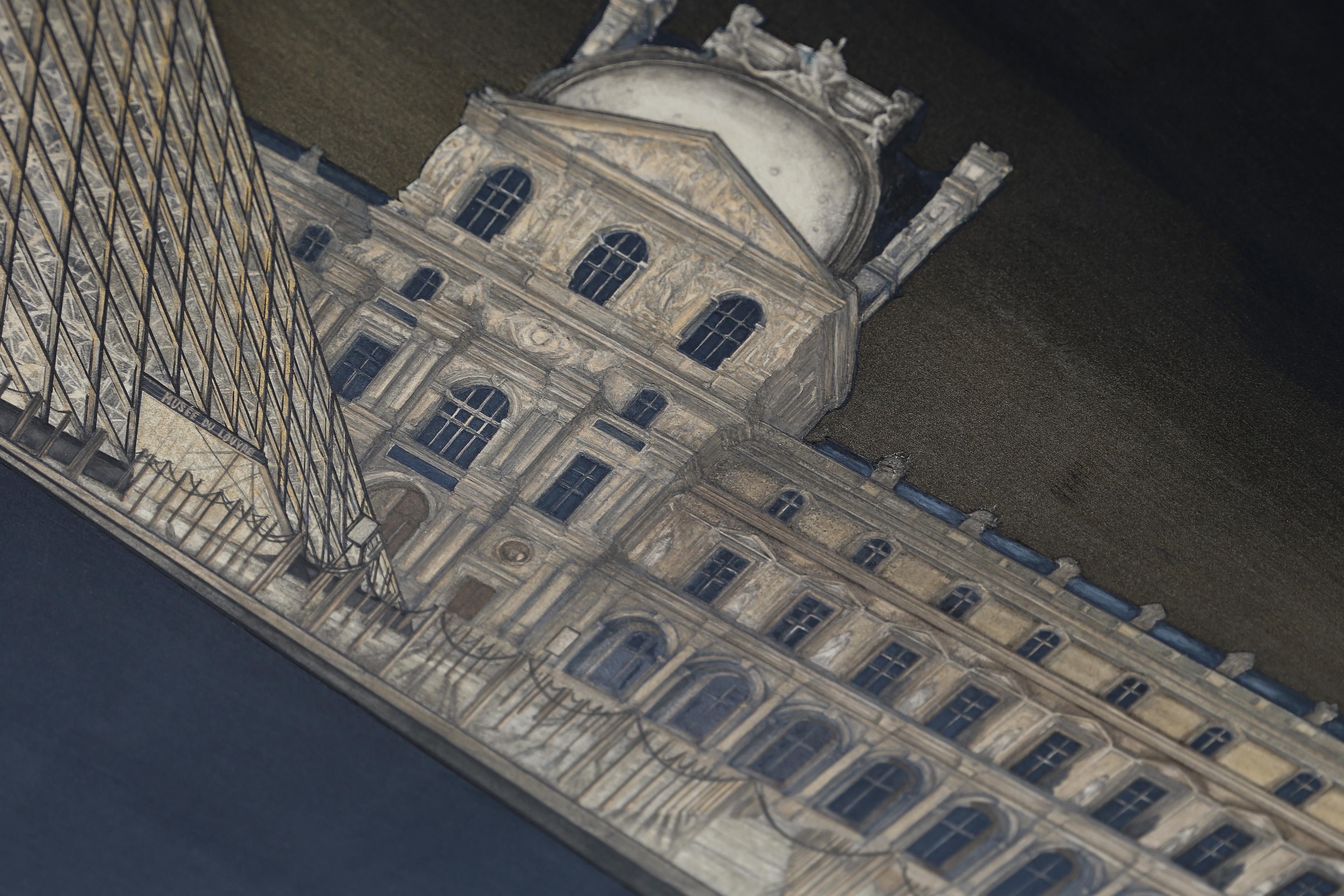 Midnight Louvre - 24k Gold and Mineral Painting, Architecture Realism, Paris For Sale 2