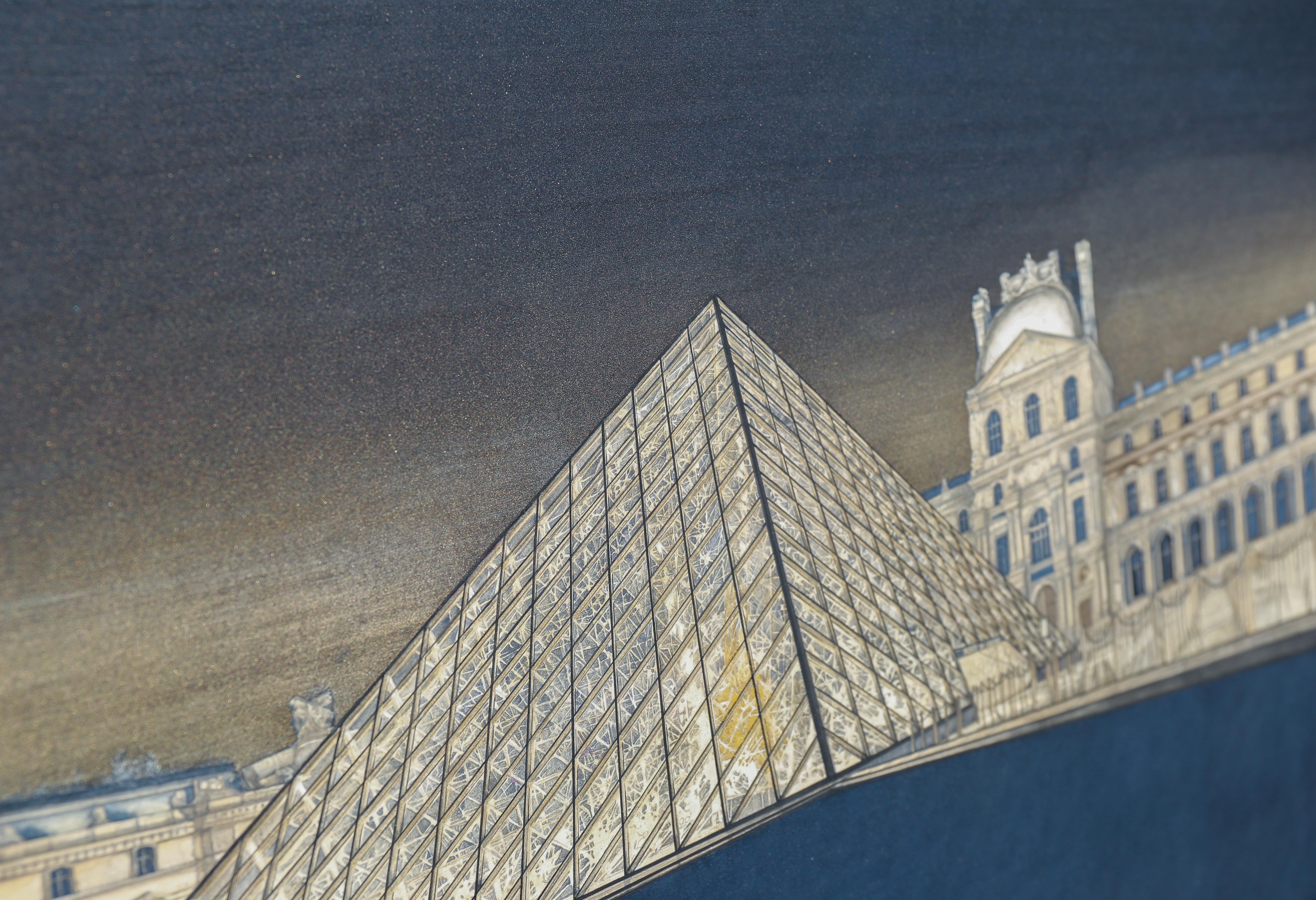 Midnight Louvre - 24k Gold and Mineral Painting, Architecture Realism, Paris For Sale 6