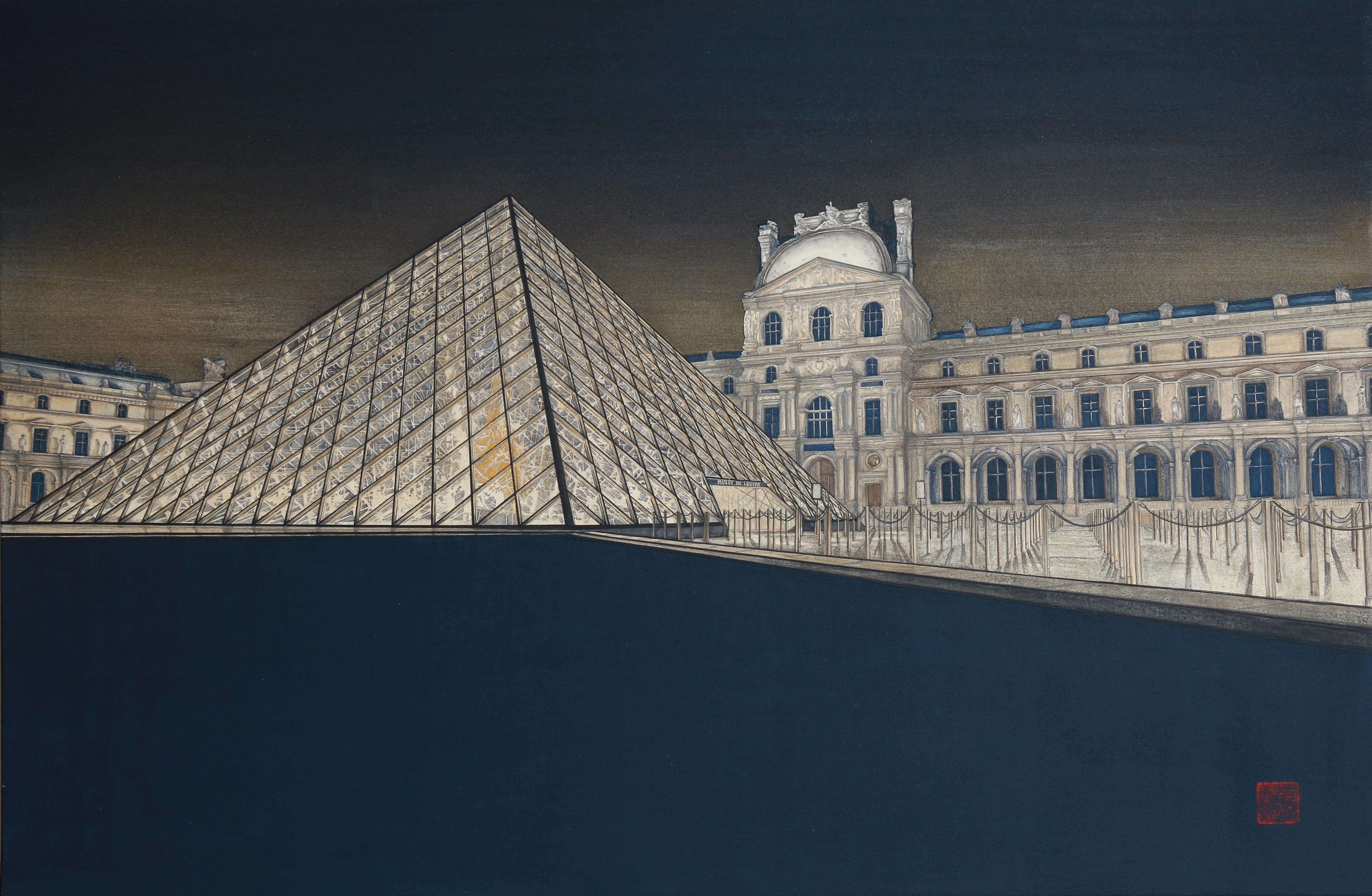 Midnight Louvre - 24k Gold and Mineral Painting, Architecture Realism, Paris