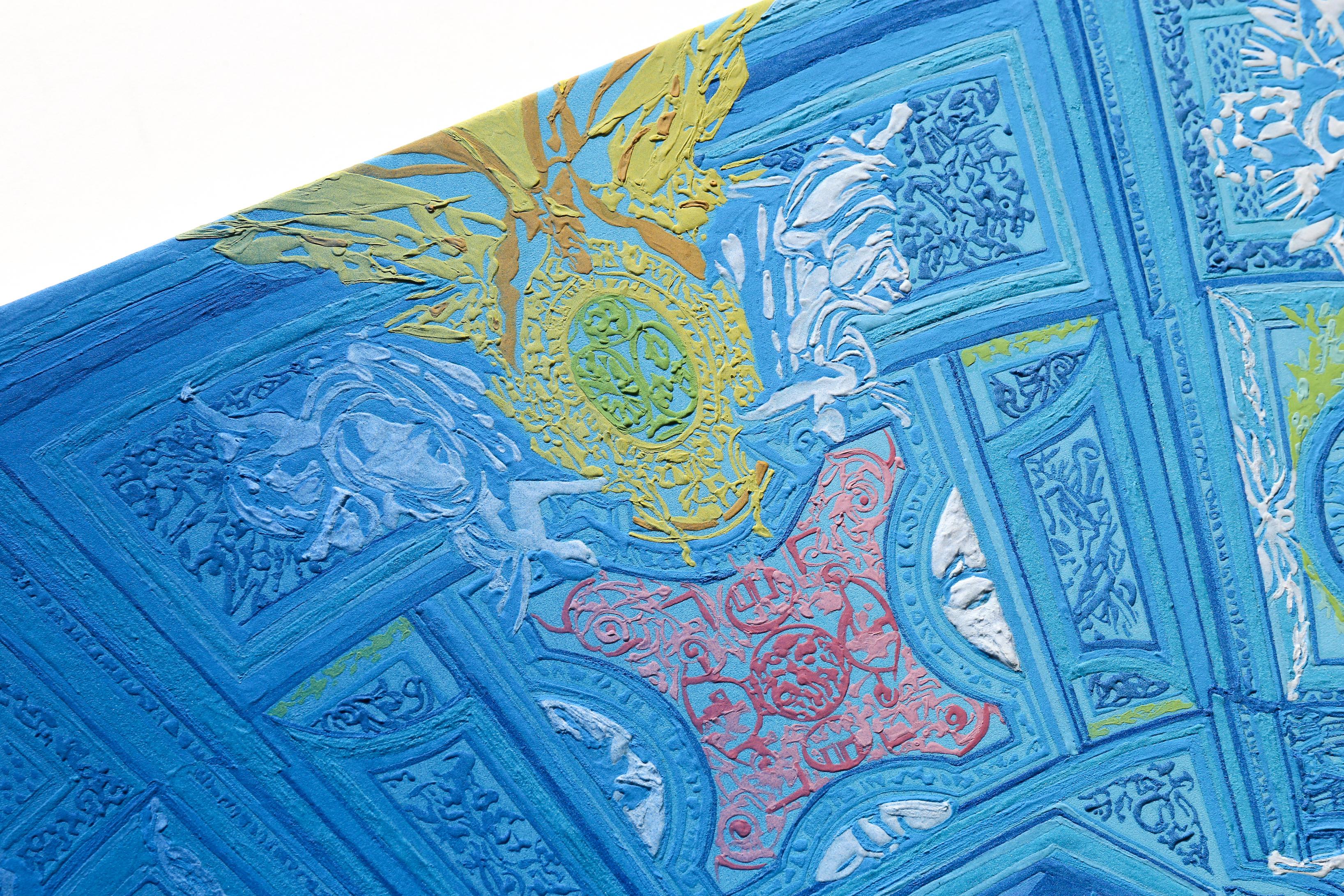 Une peinture originale réalisée à partir de minéraux broyés (naturels et synthétiques, y compris des pierres semi-précieuses) et de coquilles d'huîtres broyées sur du papier japonais, monté sur un panneau de bois. Comme ces substances ont des