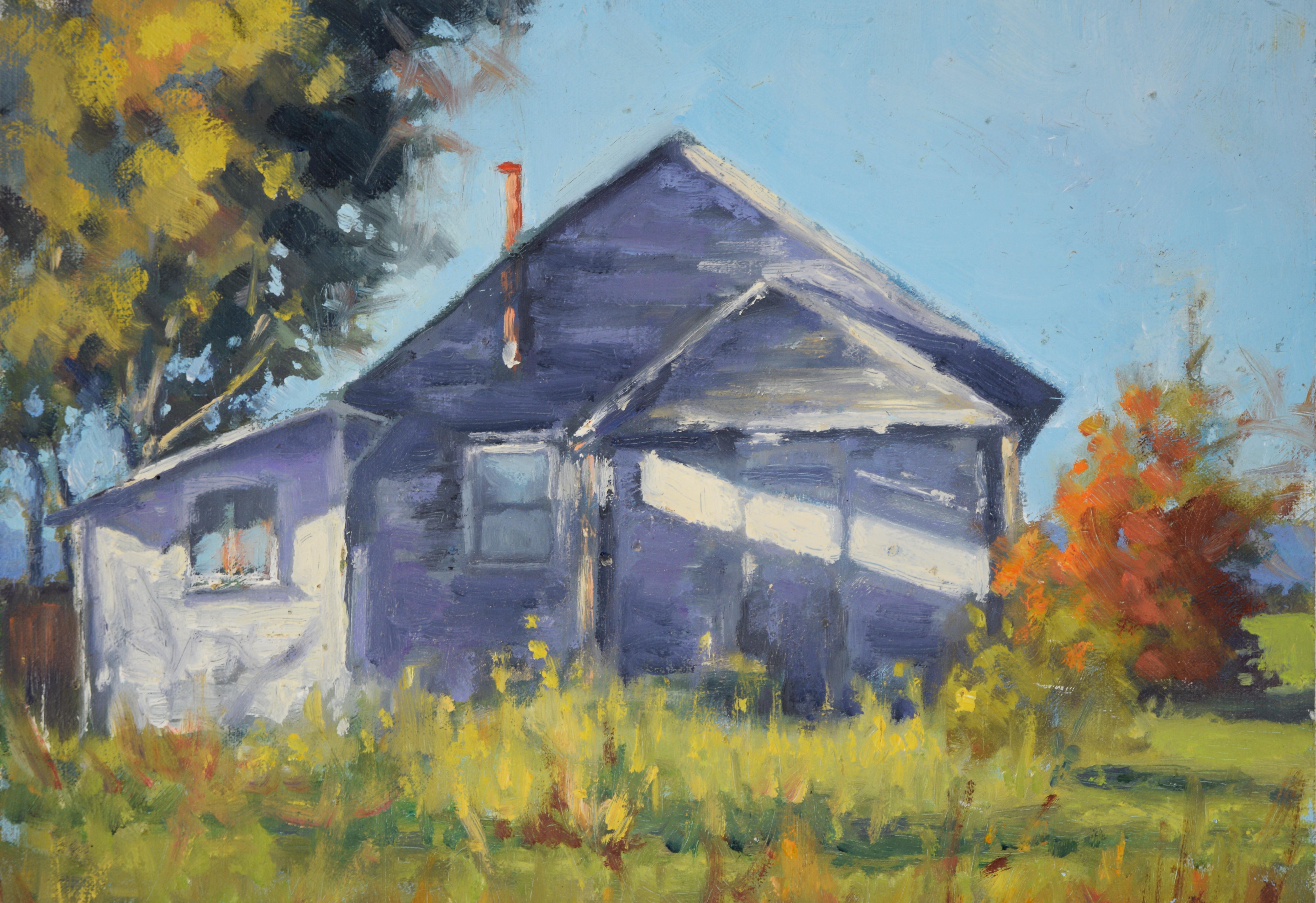 Cabaña en el campo - 2014 Óleo original sobre tabla - Painting moderno estadounidense de Maria Pavao Hadsell