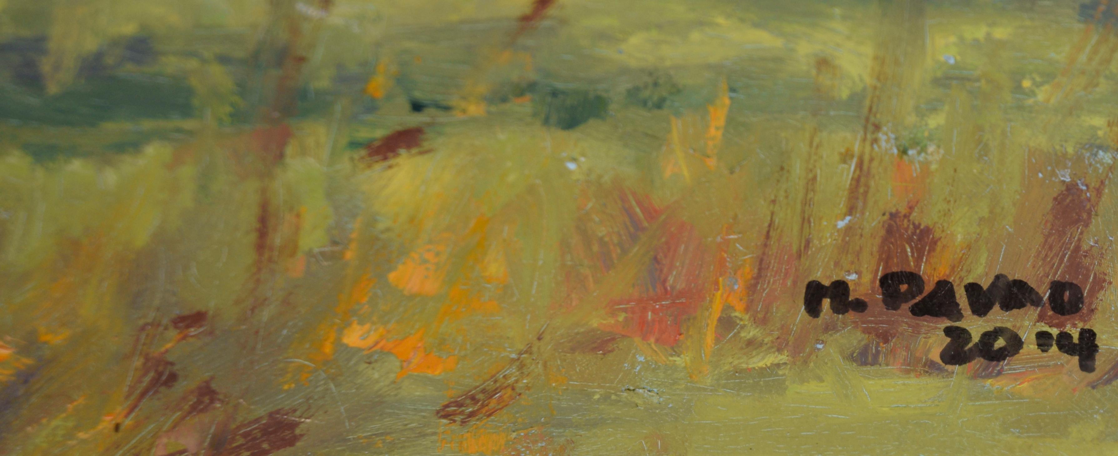 Cabaña en el campo - 2014 Óleo original sobre tabla - Landscape Painting Gris de Maria Pavao Hadsell