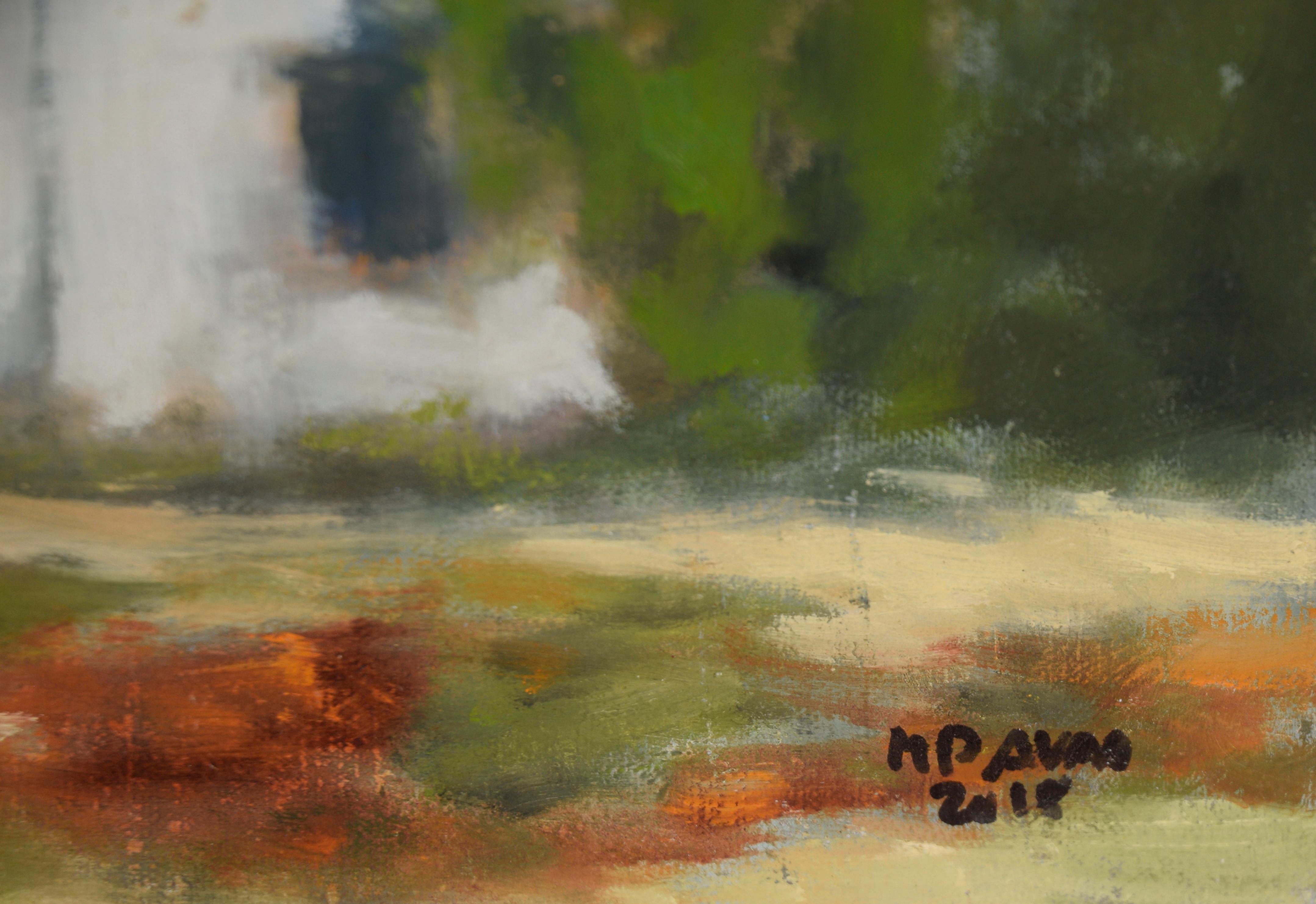 Countryside Home - 2018 Original Oil on Board - Brown Landscape Painting by Maria Pavao Hadsell
