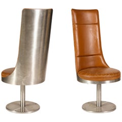 Maria Pergay for Architonic Pair of Steel Brown Leather Chairs, France