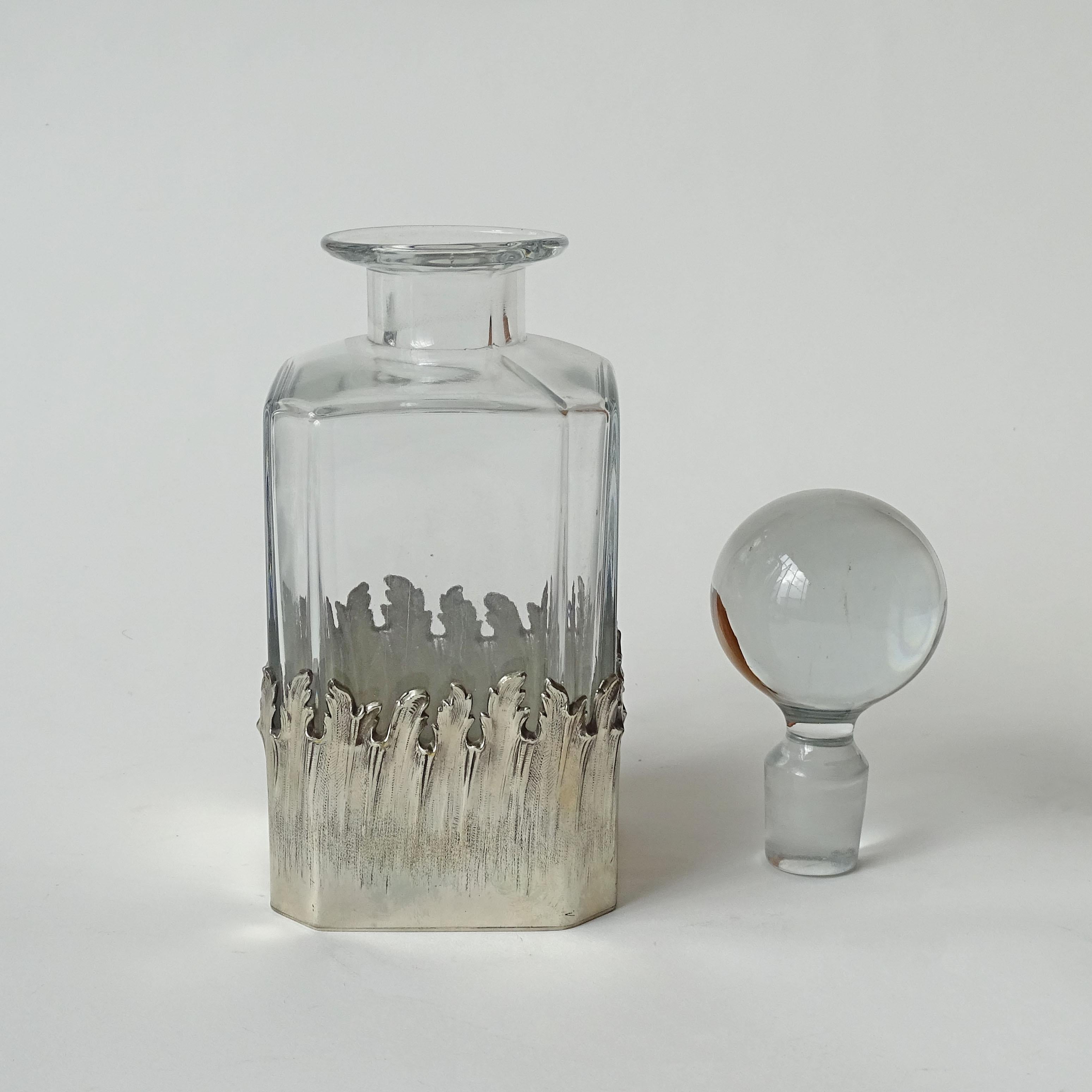 Mid-Century Modern Maria Pergay Glass Decanter with Bord Flammes Decoration in Silvered Brass, 1960