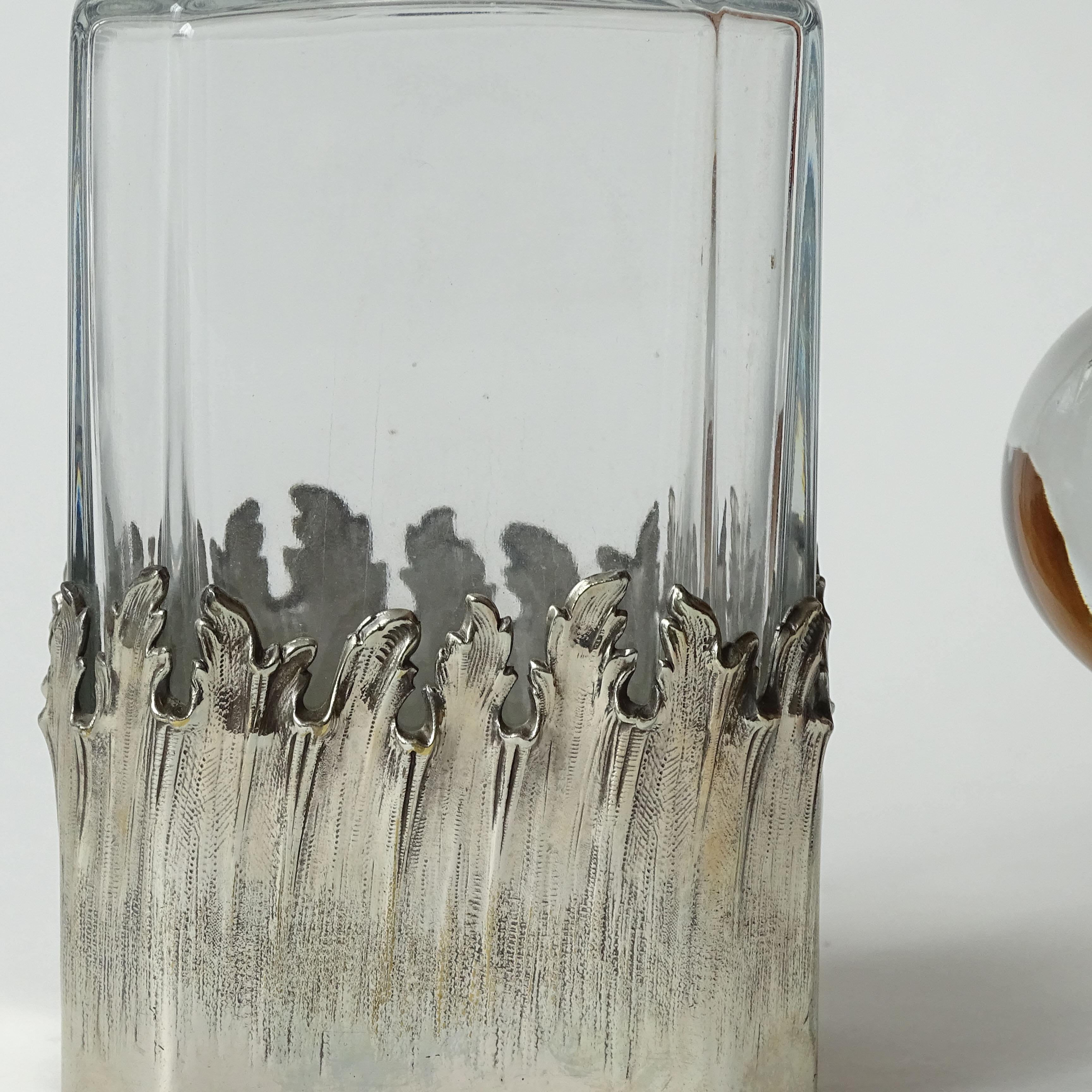French Maria Pergay Glass Decanter with Bord Flammes Decoration in Silvered Brass, 1960
