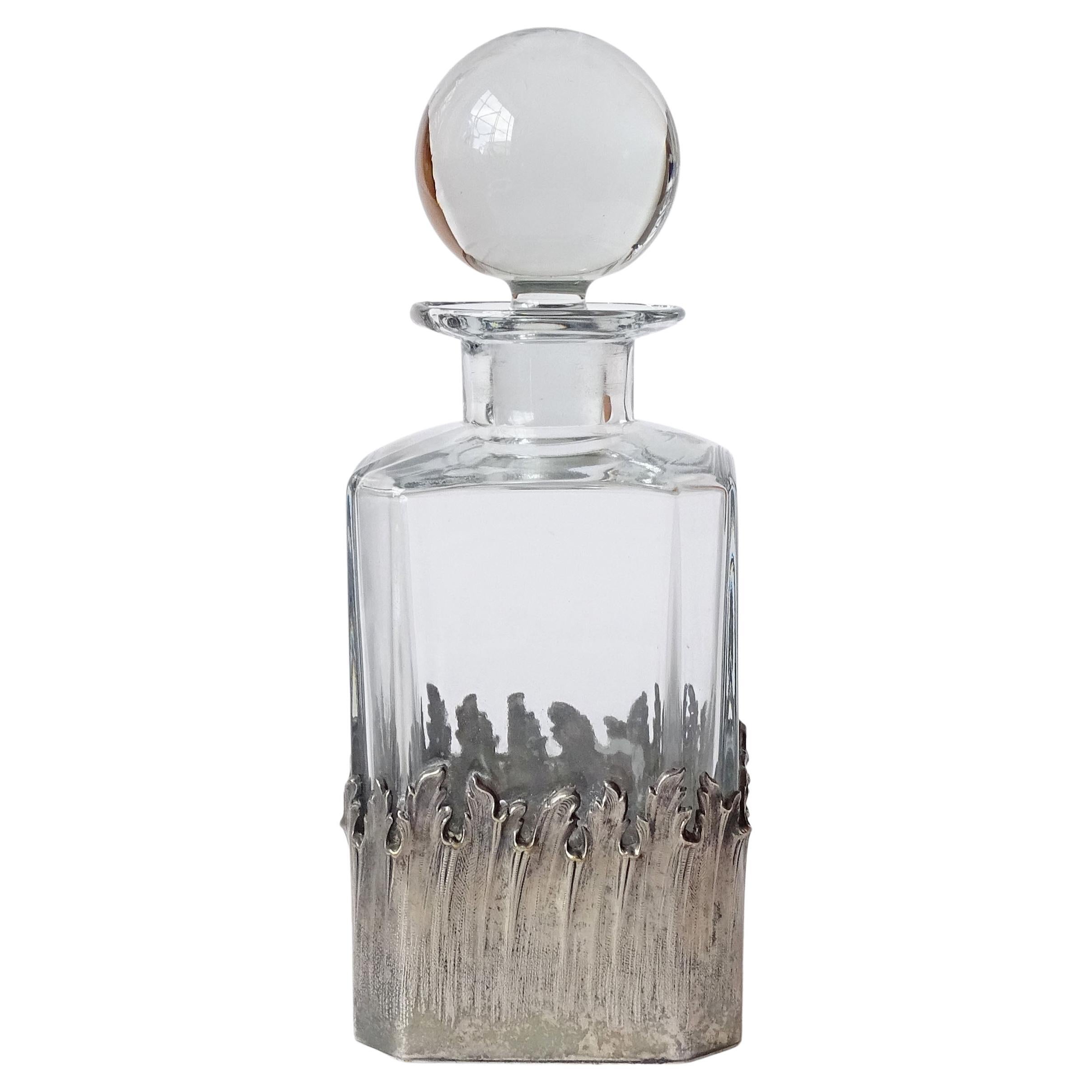 Maria Pergay Glass Decanter with Bord Flammes Decoration in Silvered Brass, 1960