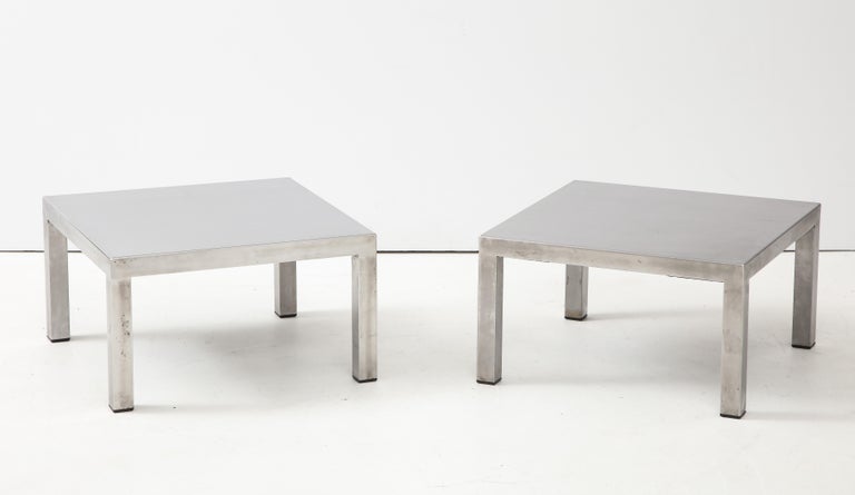 Maria Pergay, France, b. 1930
Pair of low tables, table Droite, Maison et Jardin, Paris, 1971
Stainless steel, black wood
Measures: H 12.25, D 21.5, W 21.5 in.

Provenance: Collection of an architect, France

Bibliographie: SUZANNE DEMISCH, 