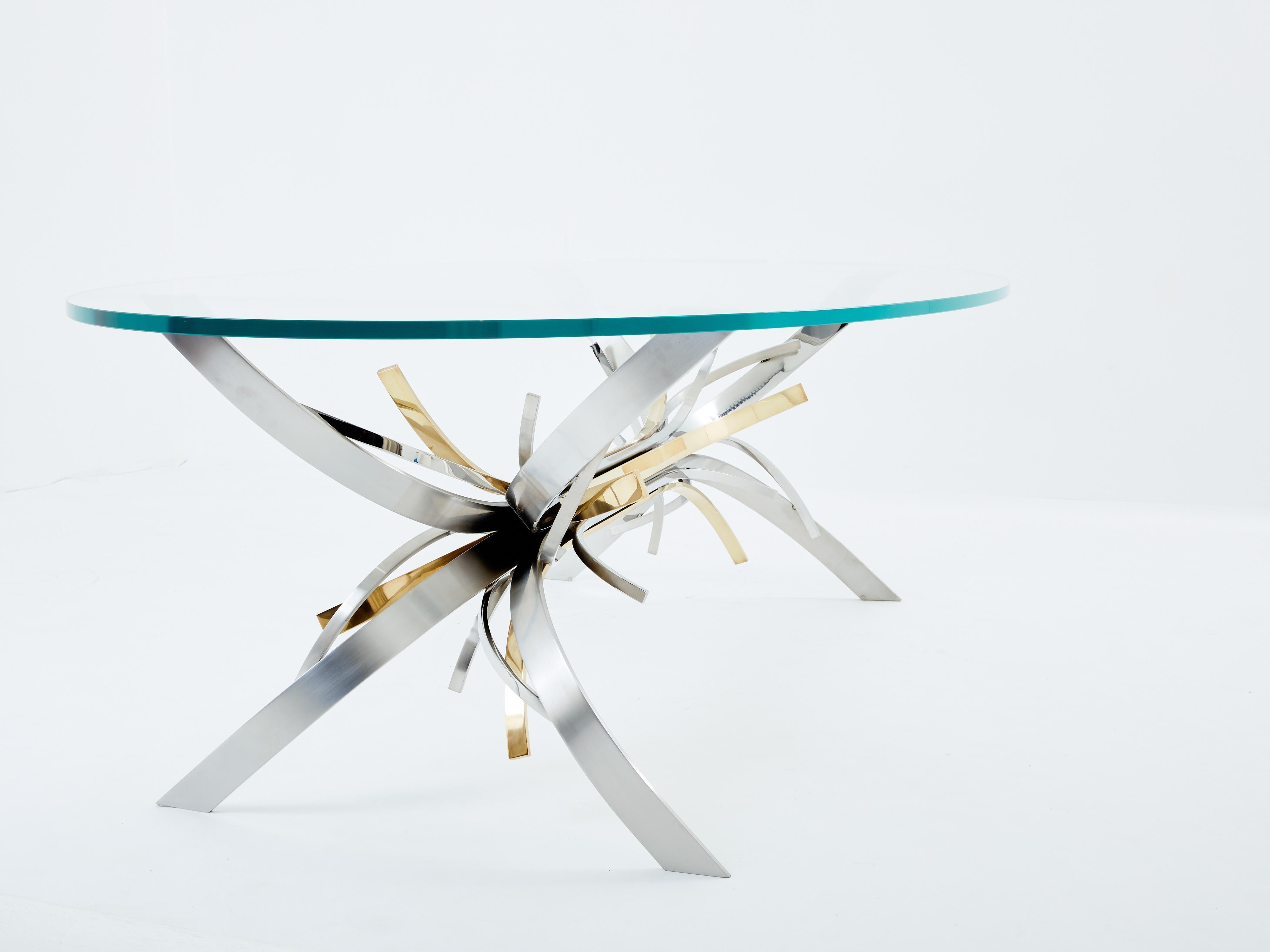 Mid-Century Modern Maria Pergay steel and brass dining table Gerbe 1970 For Sale