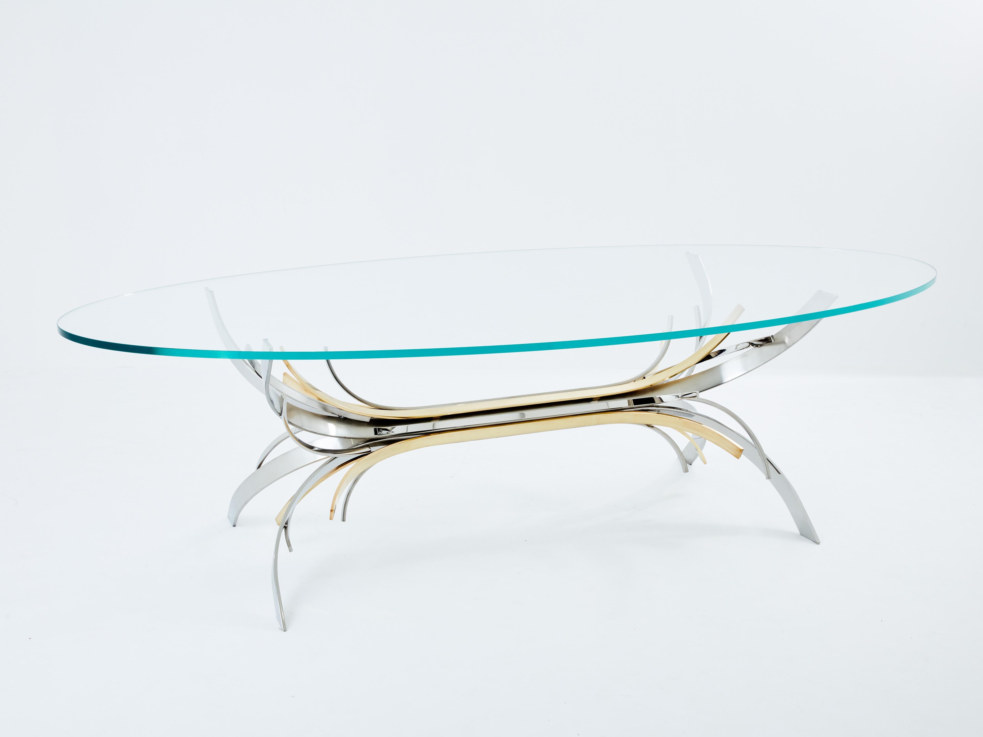 Late 20th Century Maria Pergay steel and brass dining table Gerbe 1970 For Sale