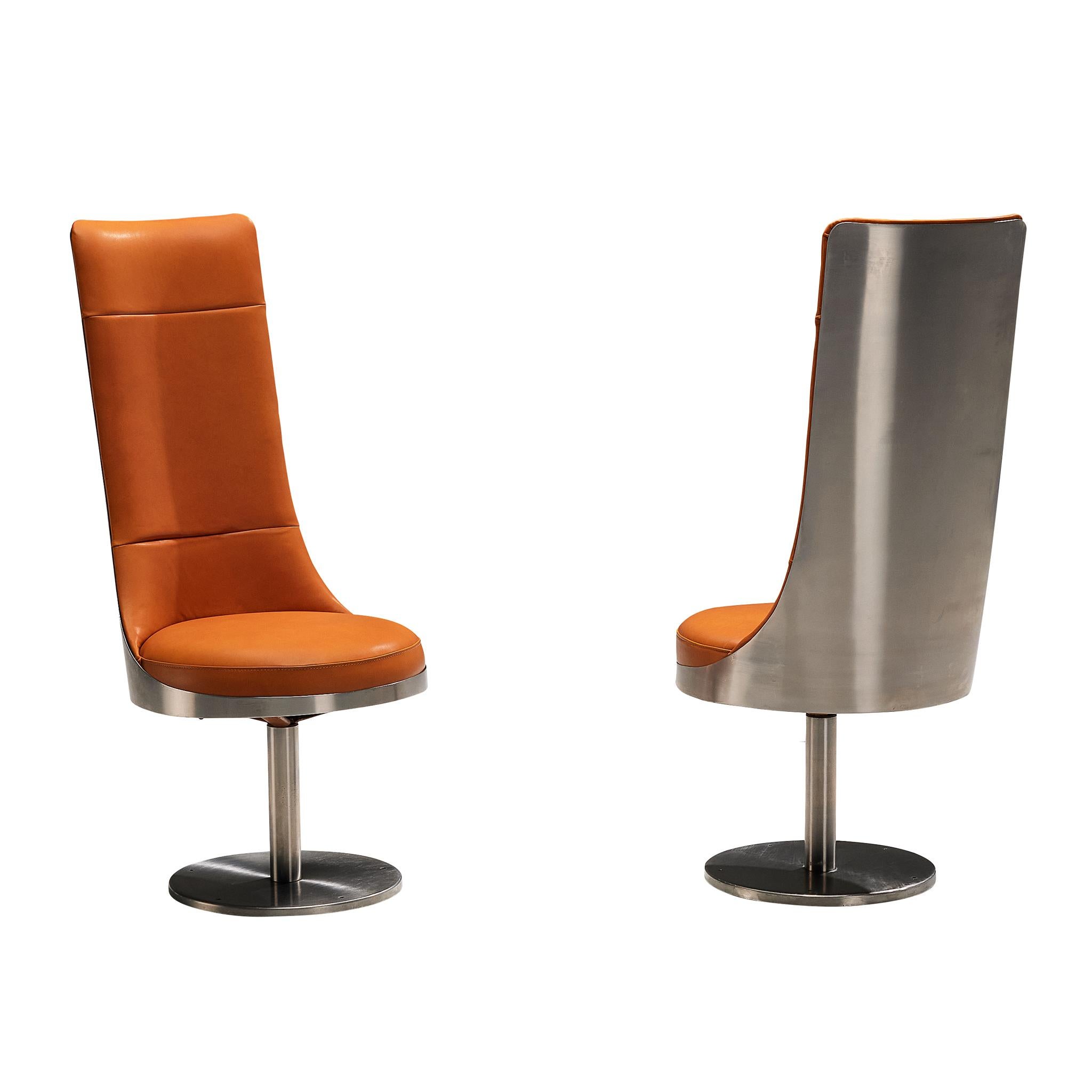 Maria Pergay Swivel Chairs in Stainless Steel and Cognac Leather