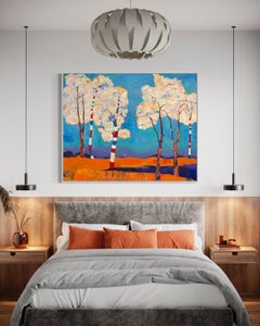 "Cloud Trees" di Maria Poroy - Paesaggio onirico vibrante blu e arancione