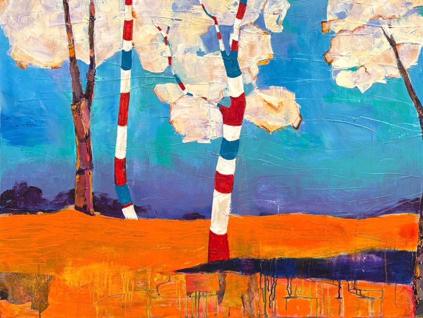 « Cloud Trees » de Maria Poroy - Paysage onirique vibrant bleu et orange en vente 2