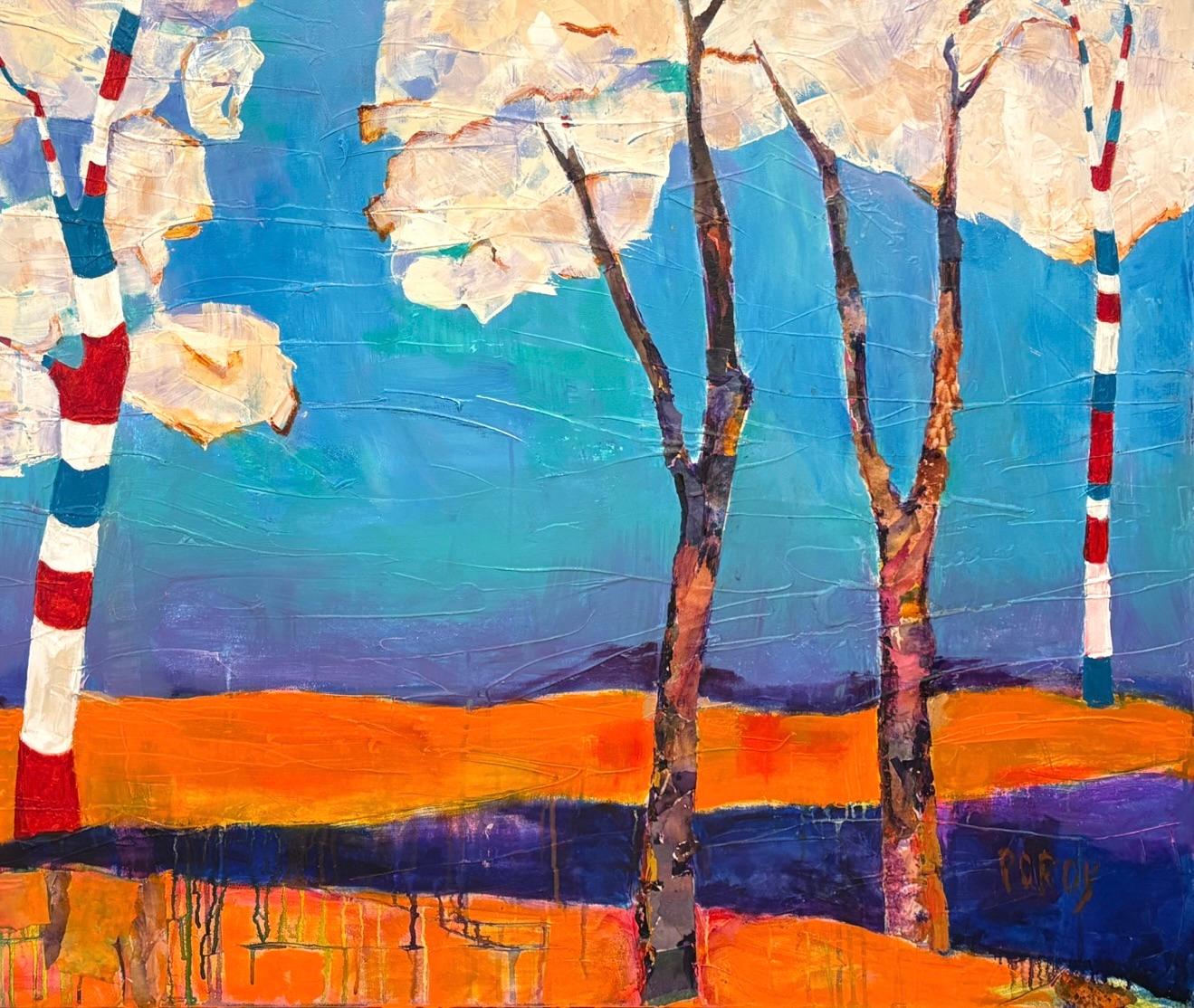 « Cloud Trees » de Maria Poroy - Paysage onirique vibrant bleu et orange en vente 6
