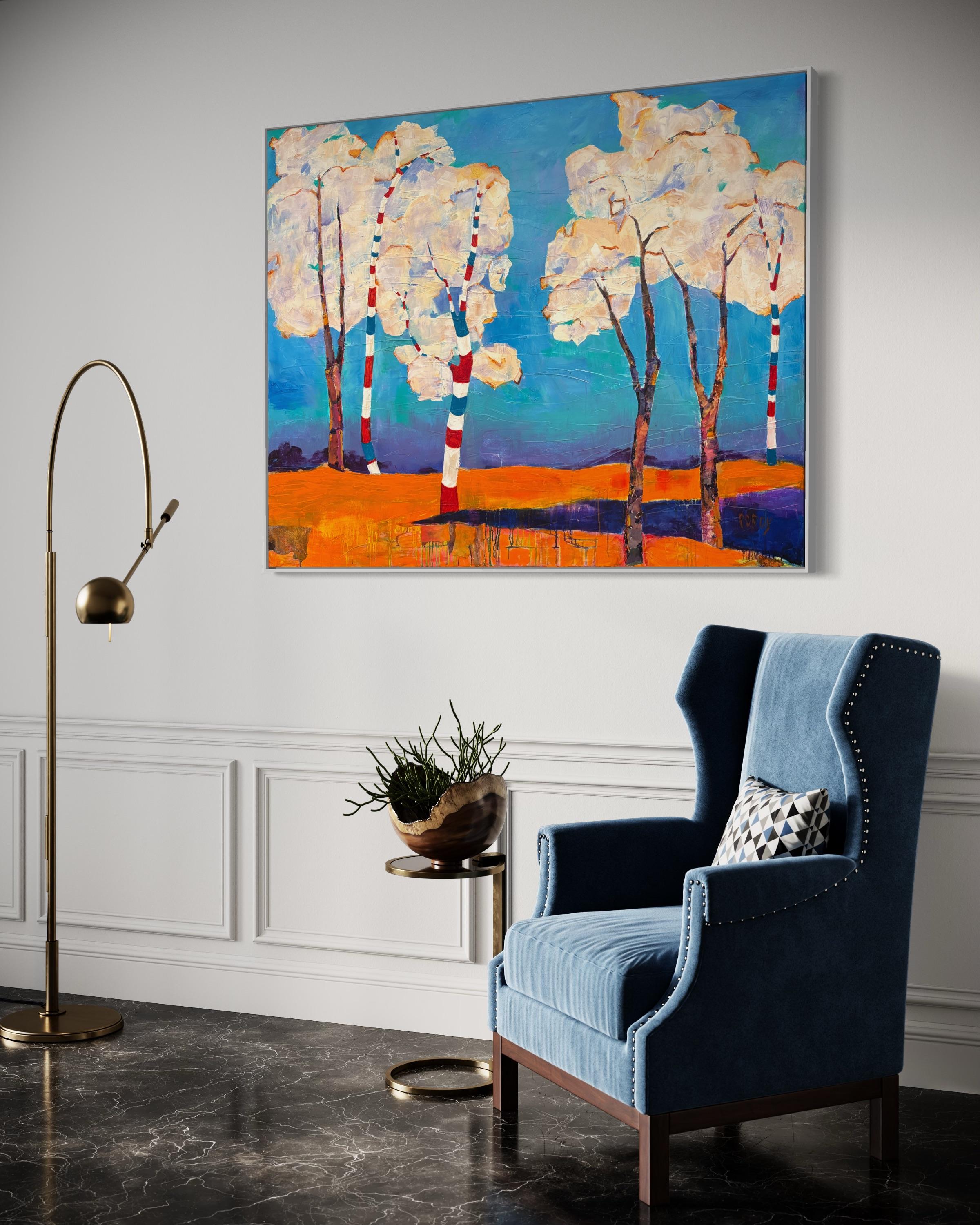 « Cloud Trees » de Maria Poroy - Paysage onirique vibrant bleu et orange en vente 7