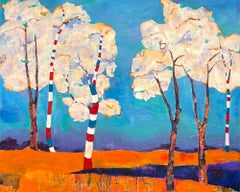 "Cloud Trees" di Maria Poroy - Paesaggio onirico vibrante blu e arancione