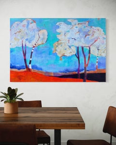 "Árboles Nublados II" de Maria Poroy - Paisaje azul y naranja con árboles blancos