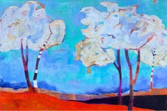 "Cloud Trees II" di Maria Poroy - Paesaggio blu e arancione con alberi bianchi