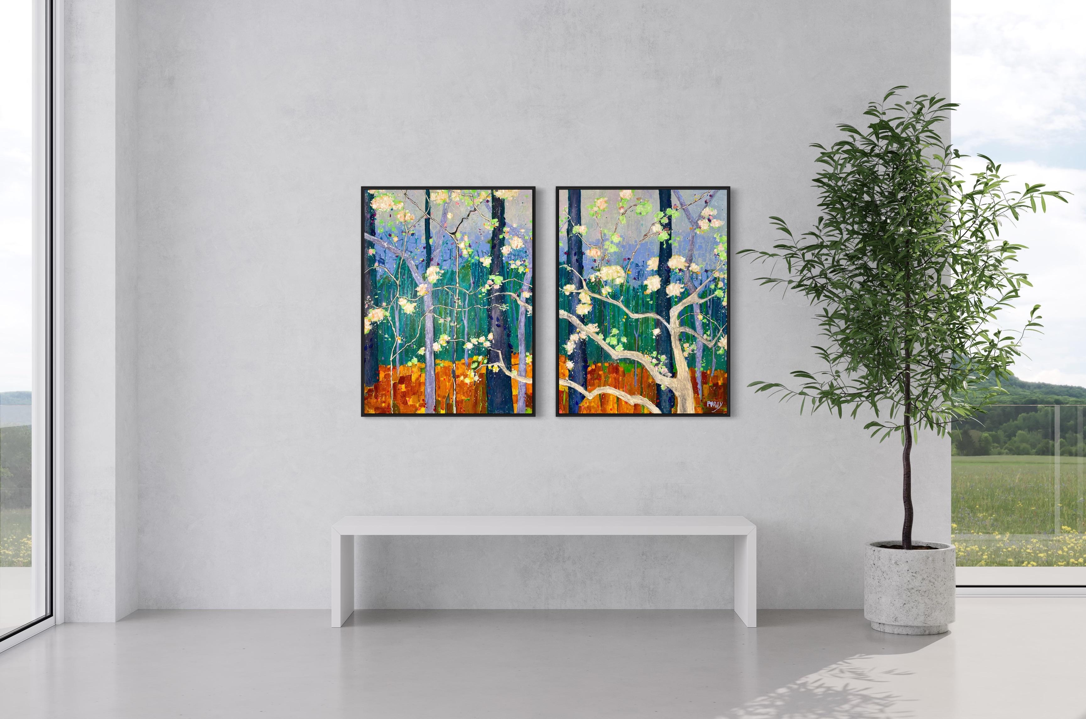 'Dancing Blossoms' Colorful Flower Diptych Abstract Expressionist Dreamscape - Painting by Maria Poroy