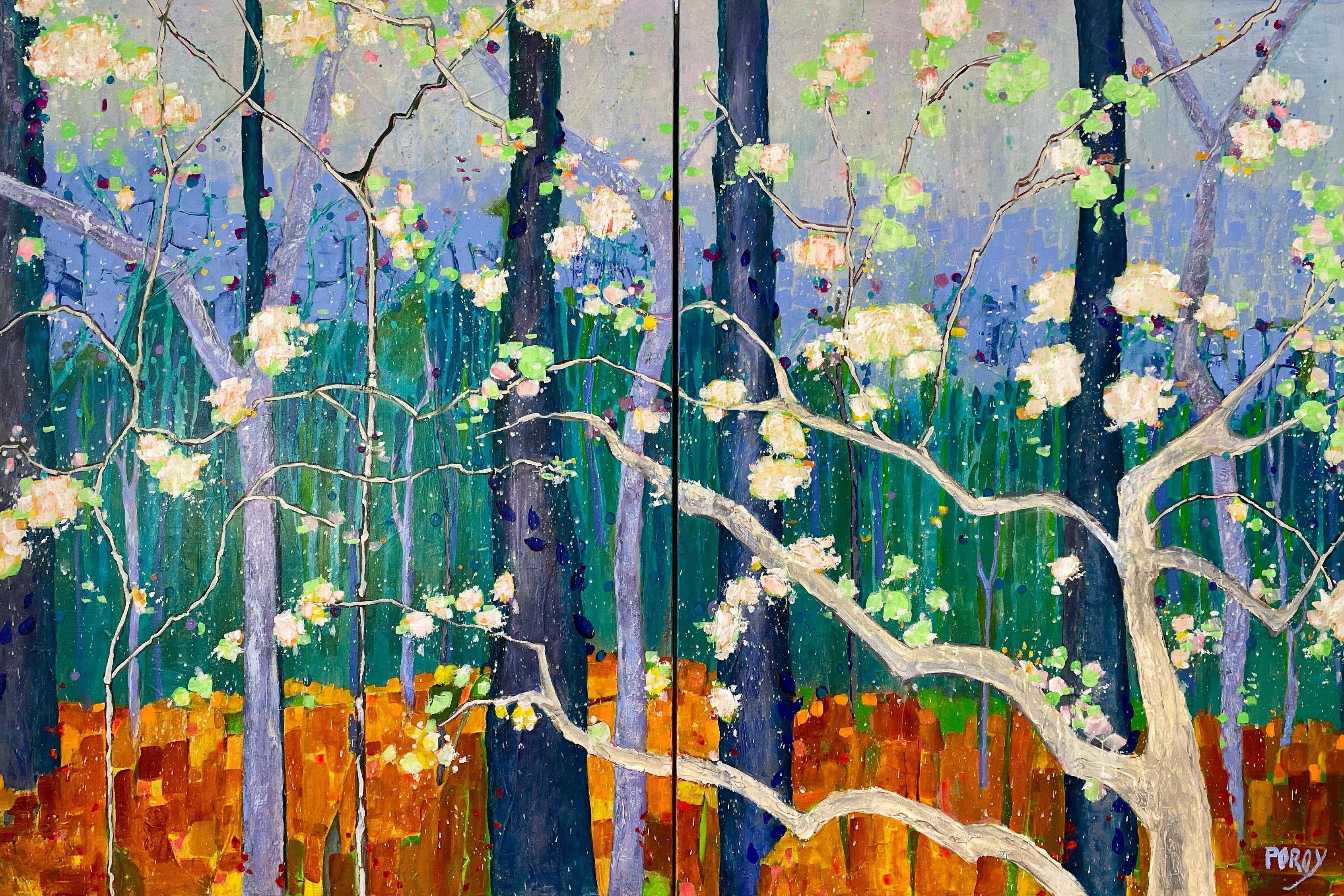 Diptyque Dancing Blossoms de Poroy - Paysage abstrait avec arbres blancs