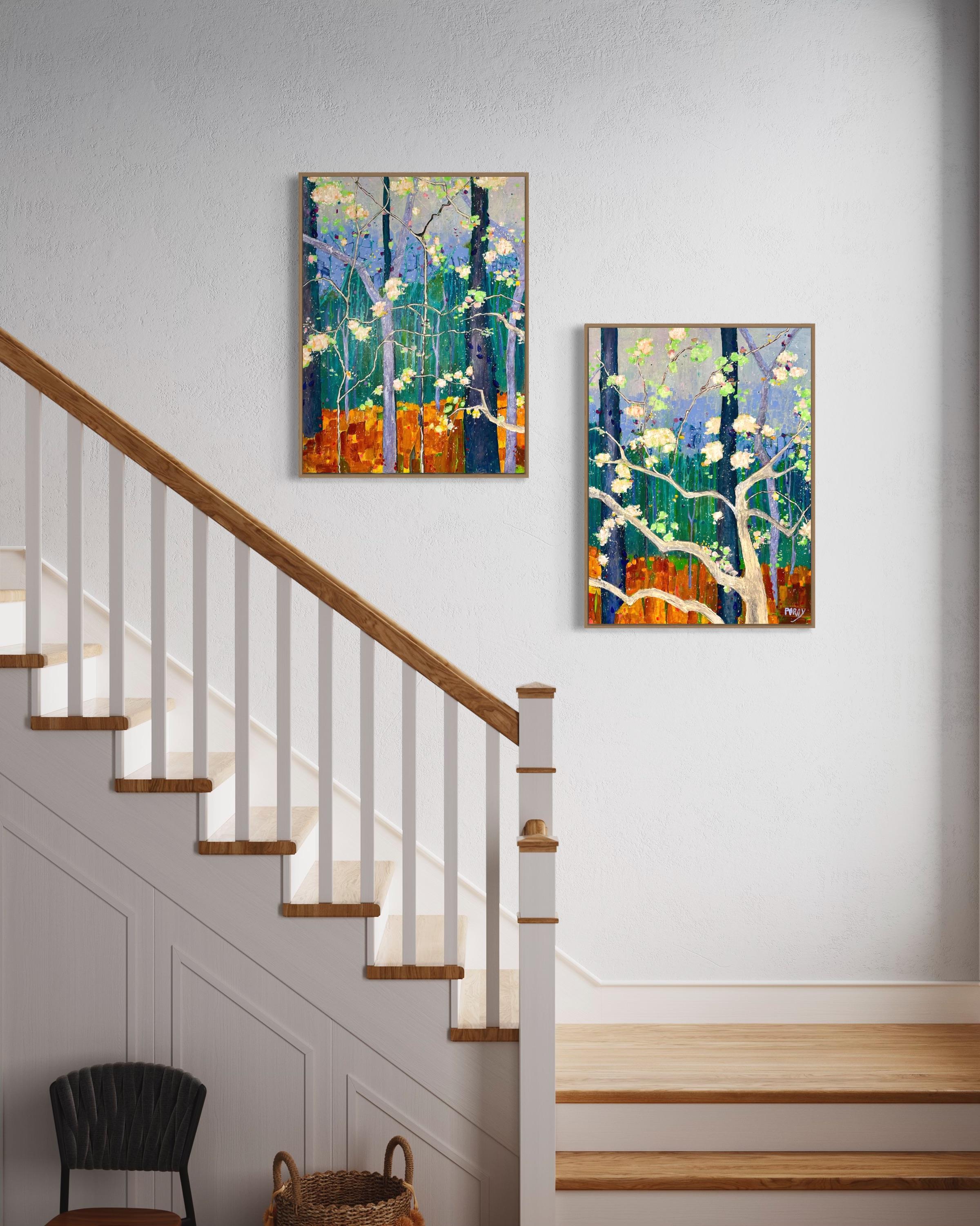 'Dancing Blossoms' Colorful Flower Diptych Abstract Expressionist Dreamscape For Sale 6