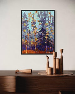 "Wood Wood" di Maria Poroy - Paesaggio impressionista astratto con alberi viola