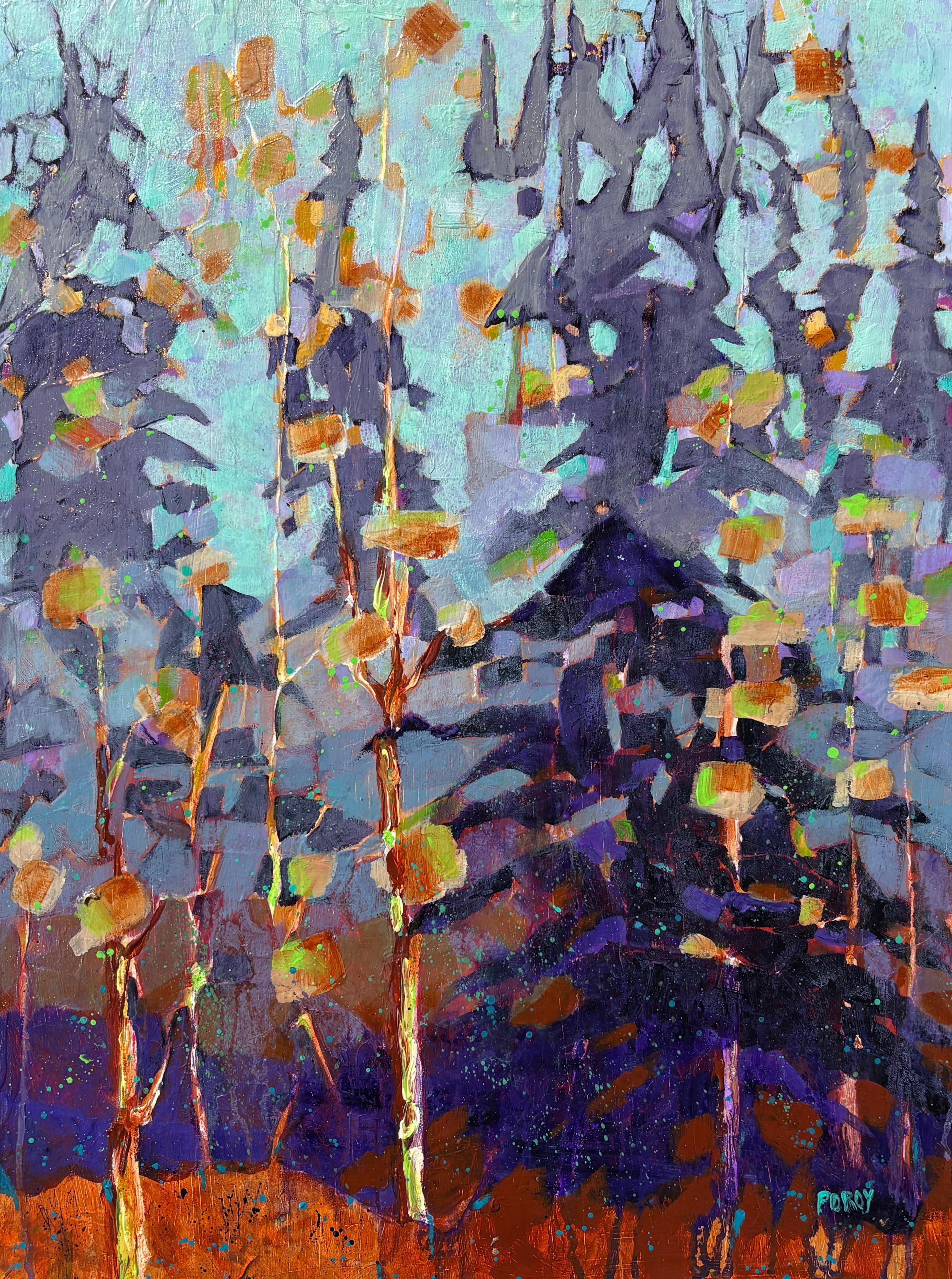 "Bosques oscuros" de Maria Poroy - Paisaje abstracto impresionista con árboles morados