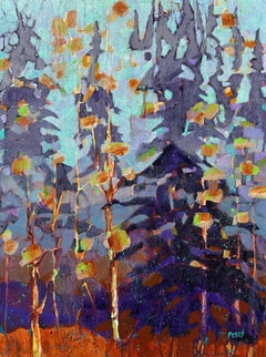 „Dunkelwälder Hölzer“ von Maria Poroy - Abstrakte impressionistische Landschaft mit lila Bäumen