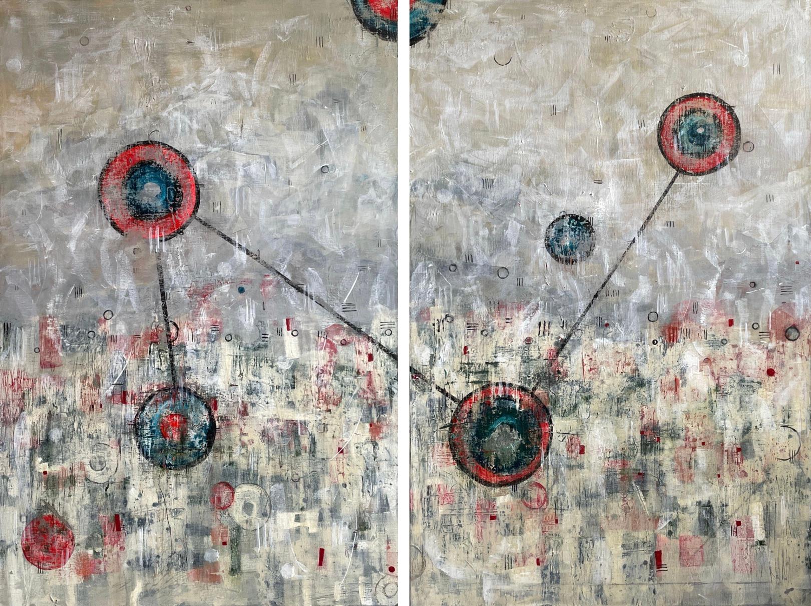 Maria Poroy (estadounidense, nacida en 1952)
"Máquina Enigma" 2023
Pintura acrílica, Técnica mixta, Lienzo, Barras camilla
El artista firmó el reverso de los cuadros. 

Máquina Enigma" de Maria Poroy es un convincente díptico, cada lienzo mide 36" x