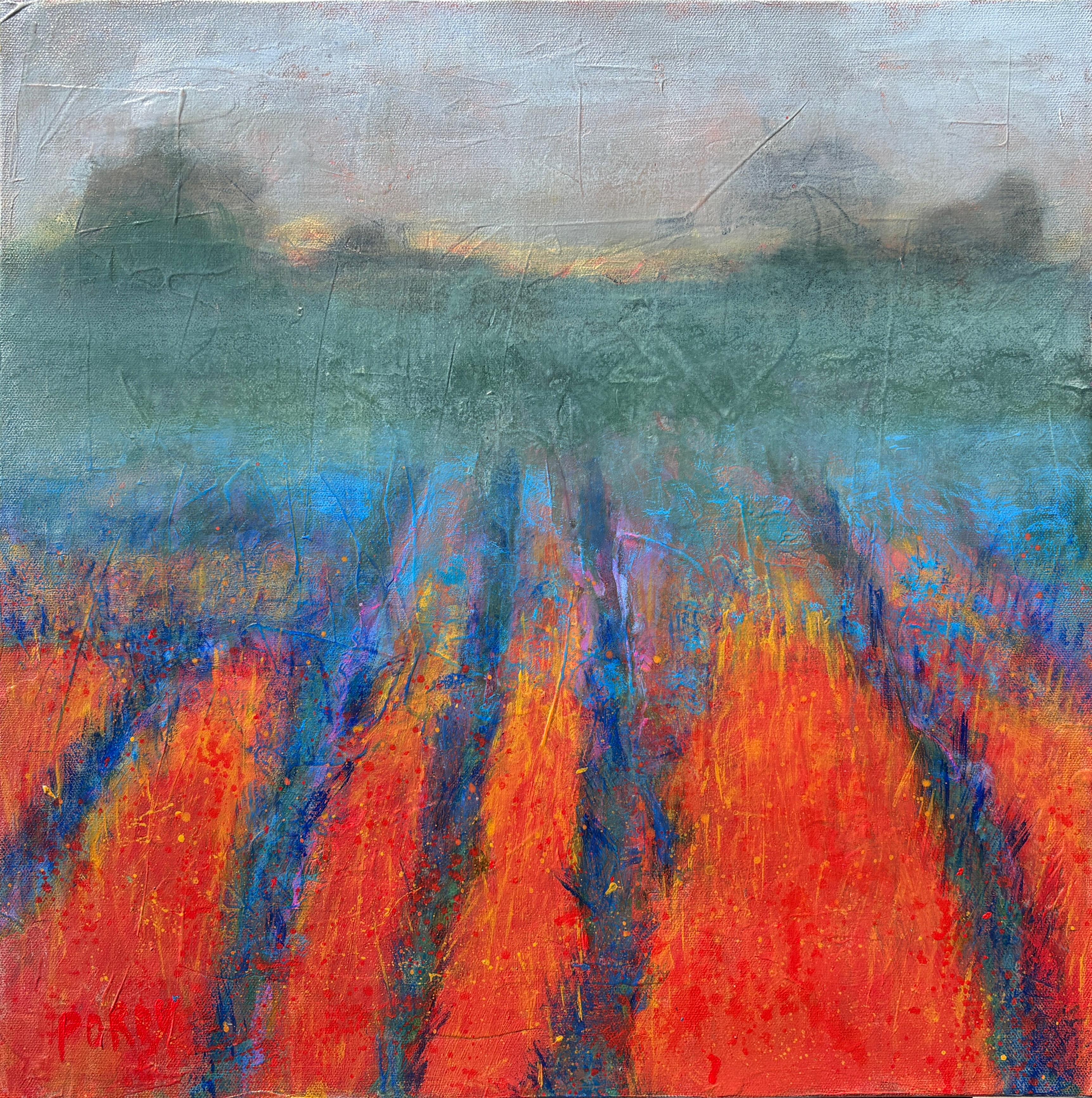 "Campo di fiori nella nebbia" di Poroy - Paesaggio impressionista Fiori rossi e viola