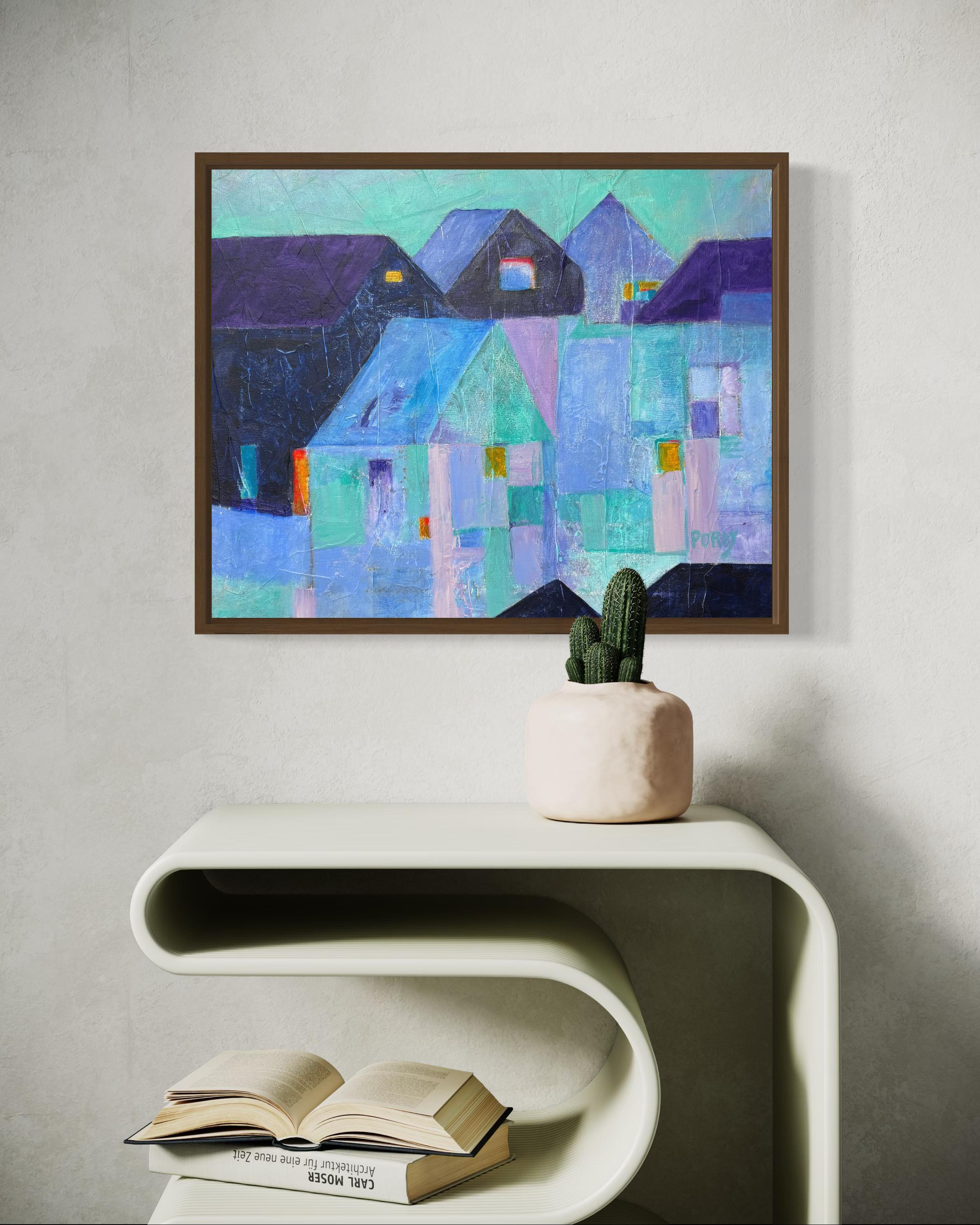 „Ghost Town“ von Maria Poroy - Lila und Blau Abstrakte impressionistische Stadtlandschaft im Angebot 1