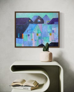 "Ghost Town" by Maria Poroy - Purple and Blue Abstract Impressionist Townscape