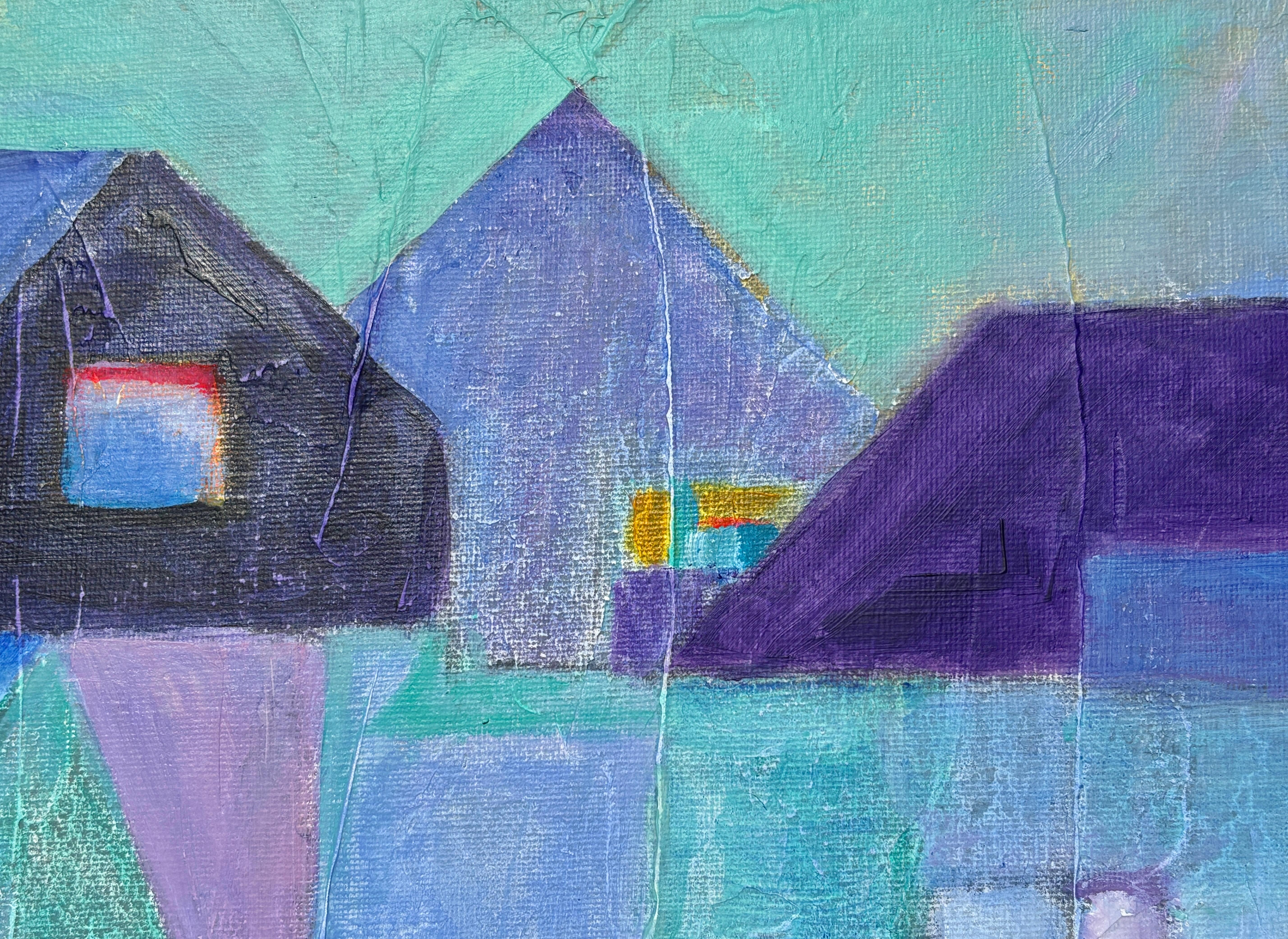 „Ghost Town“ von Maria Poroy - Lila und Blau Abstrakte impressionistische Stadtlandschaft im Angebot 2
