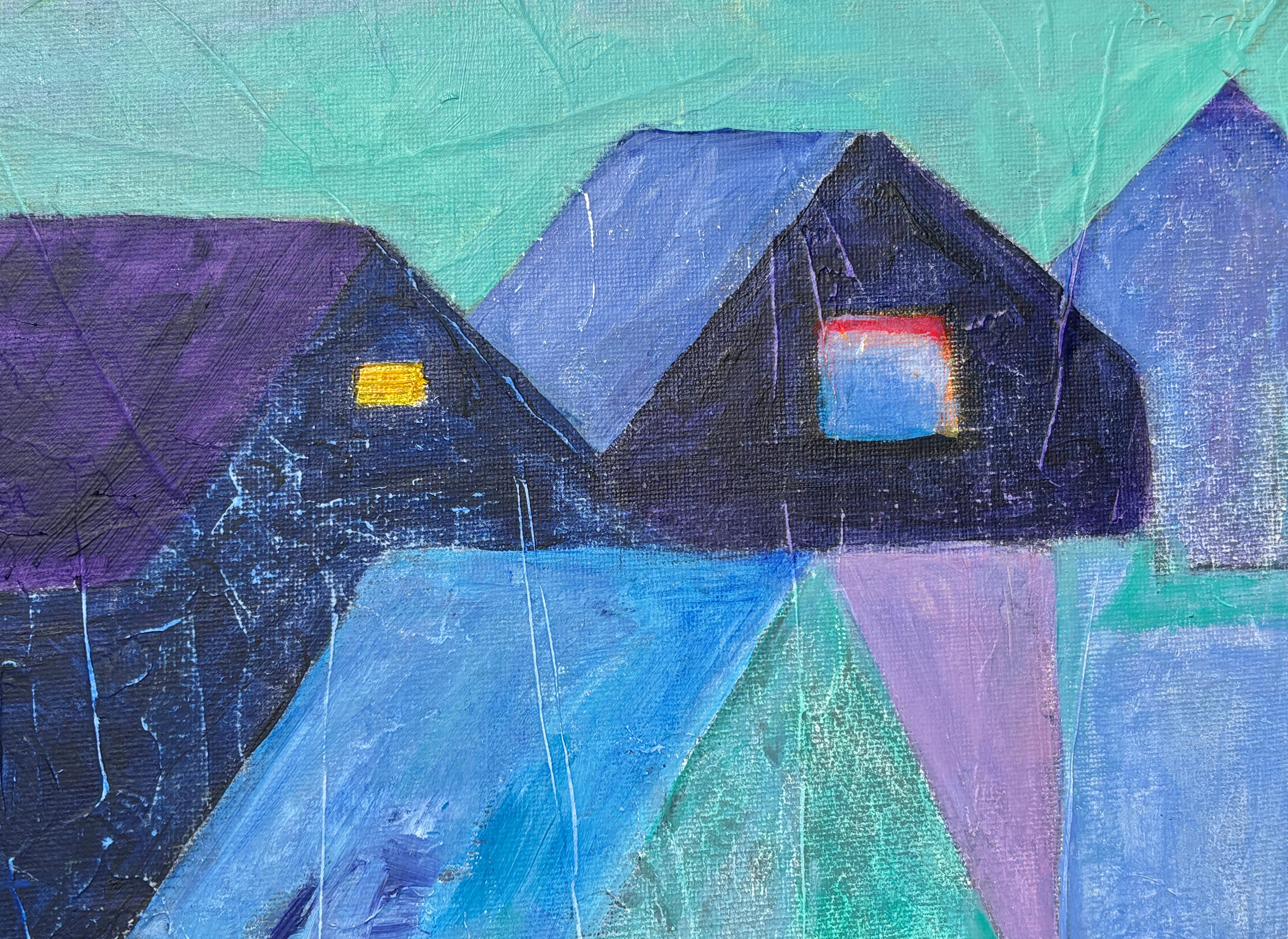 „Ghost Town“ von Maria Poroy - Lila und Blau Abstrakte impressionistische Stadtlandschaft im Angebot 3