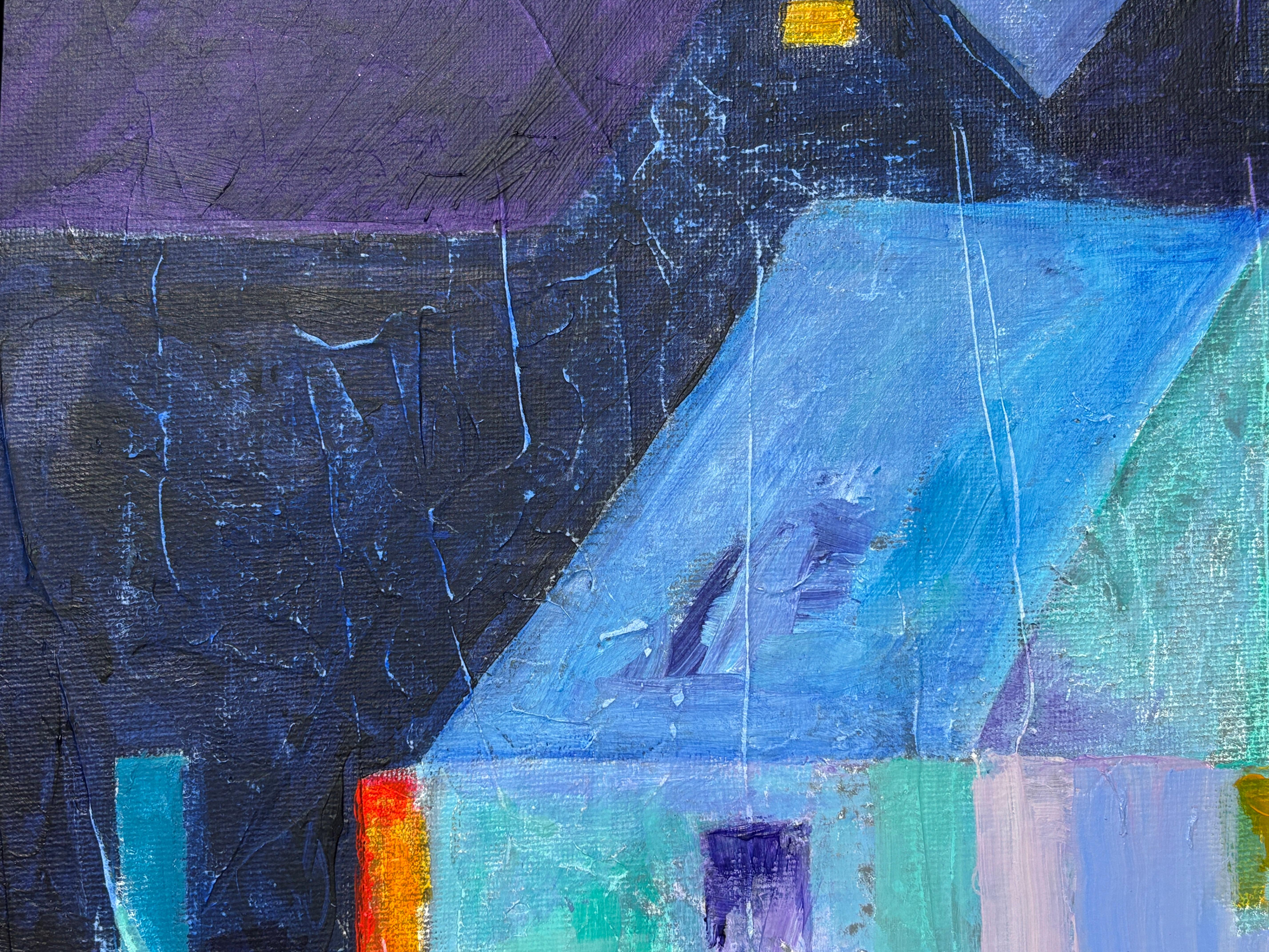 „Ghost Town“ von Maria Poroy - Lila und Blau Abstrakte impressionistische Stadtlandschaft im Angebot 4