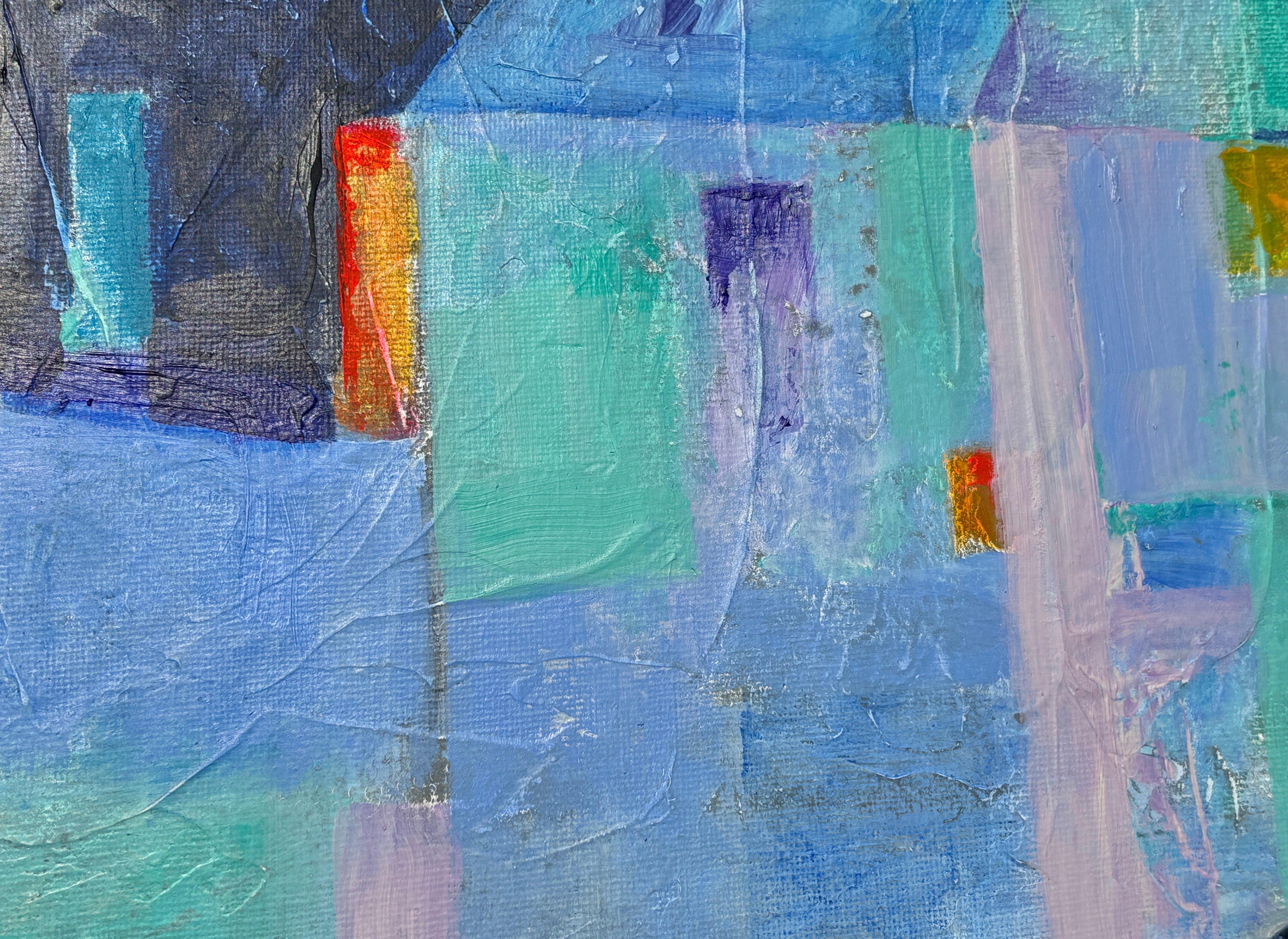 „Ghost Town“ von Maria Poroy - Lila und Blau Abstrakte impressionistische Stadtlandschaft im Angebot 5