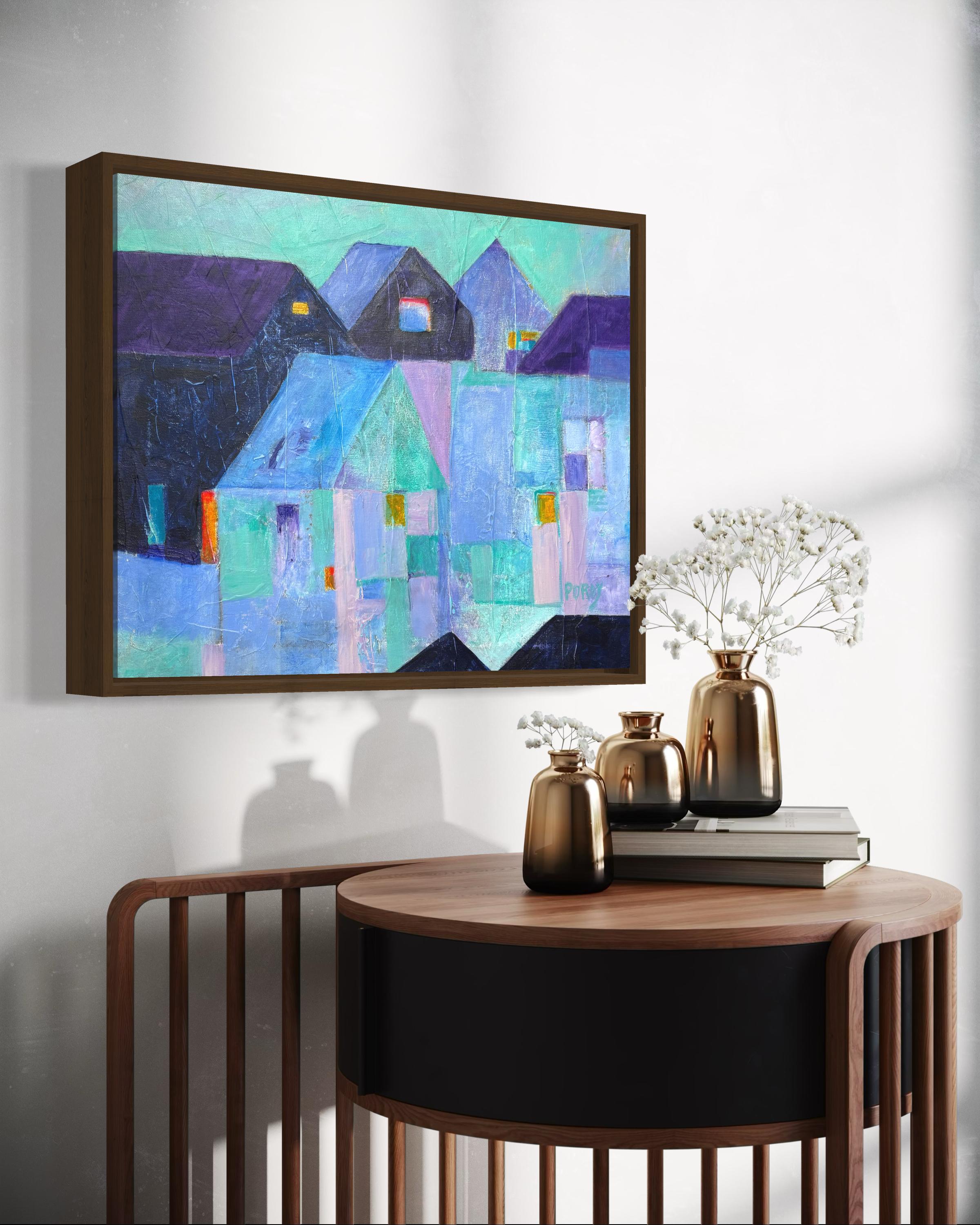 „Ghost Town“ von Maria Poroy - Lila und Blau Abstrakte impressionistische Stadtlandschaft im Angebot 7