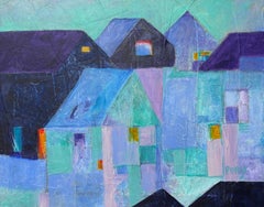"Ghost Town" by Maria Poroy - Purple and Blue Abstract Impressionist Townscape