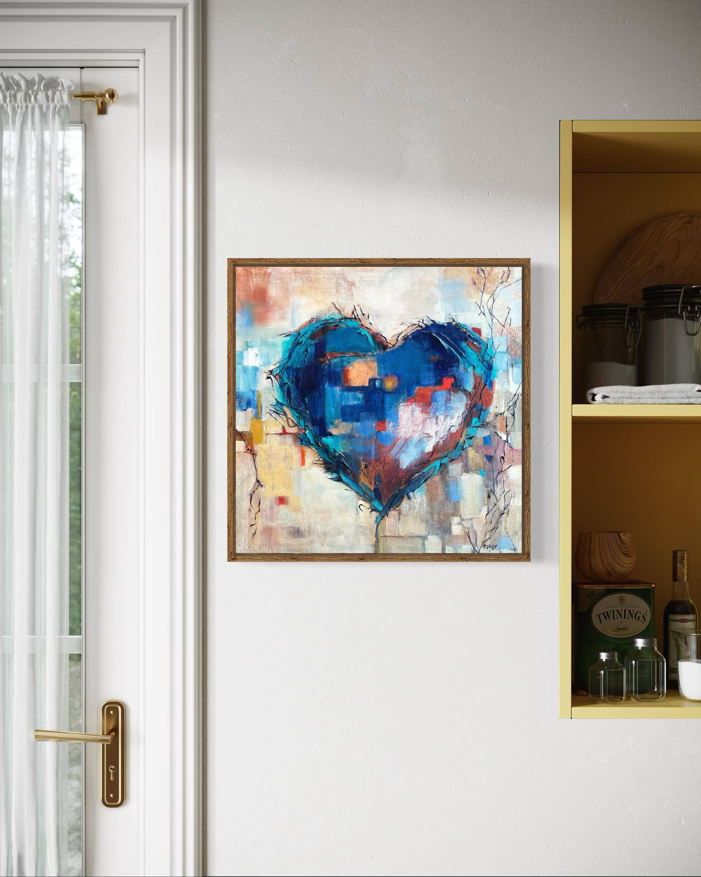 'Growing Love' by Maria Poroy - Mixed Media Blue Heart on Earth Tone Background For Sale 2