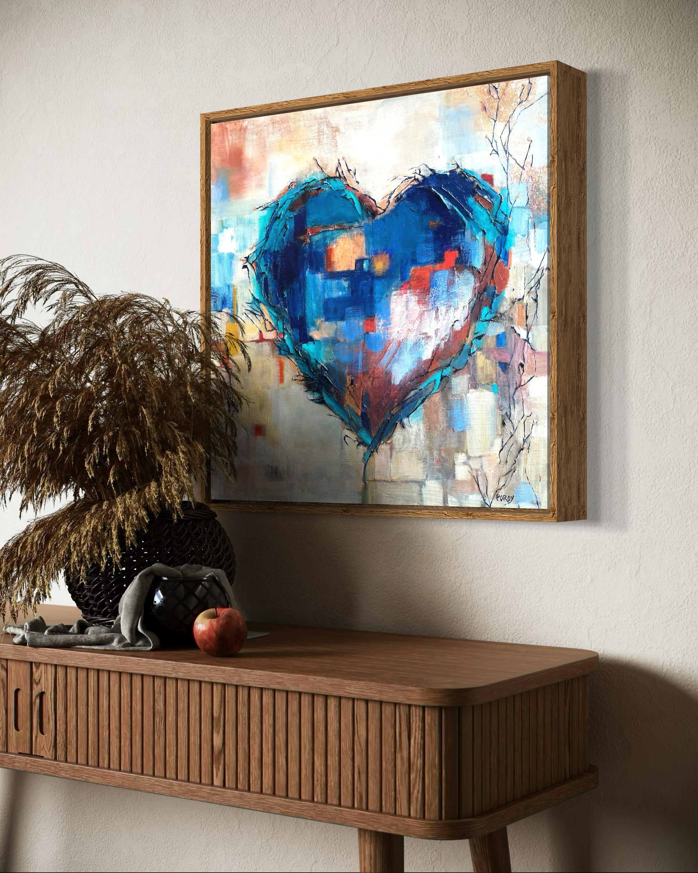 'Growing Love' by Maria Poroy - Mixed Media Blue Heart on Earth Tone Background For Sale 8