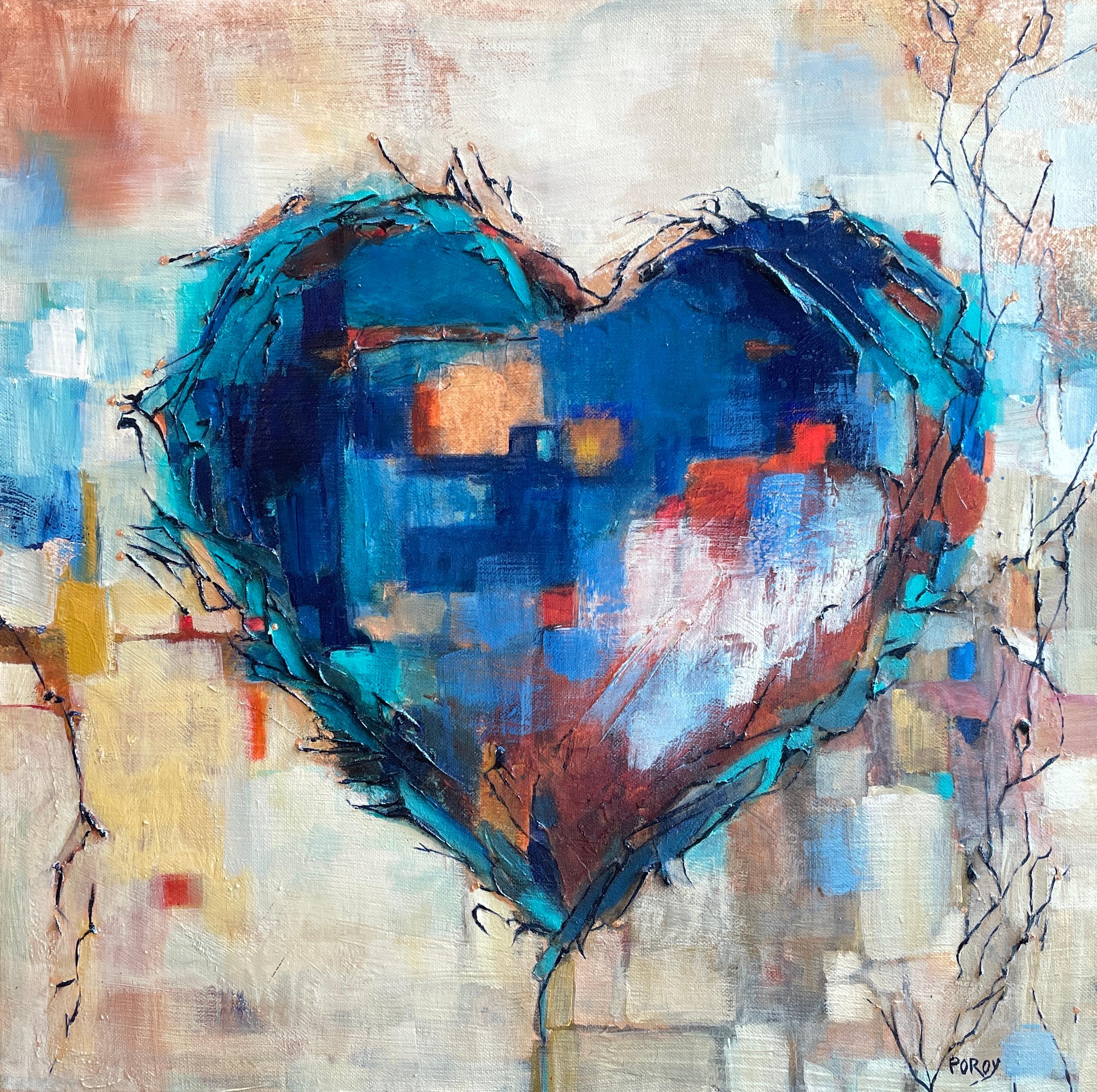 "Growing Love" by Maria Poroy is a 20" x 20" mixed media canvas that captures the essence of abstract expressionism through its textured layers and emotive color palette. At its heart lies a large, central figure of a heart, depicted in rich,